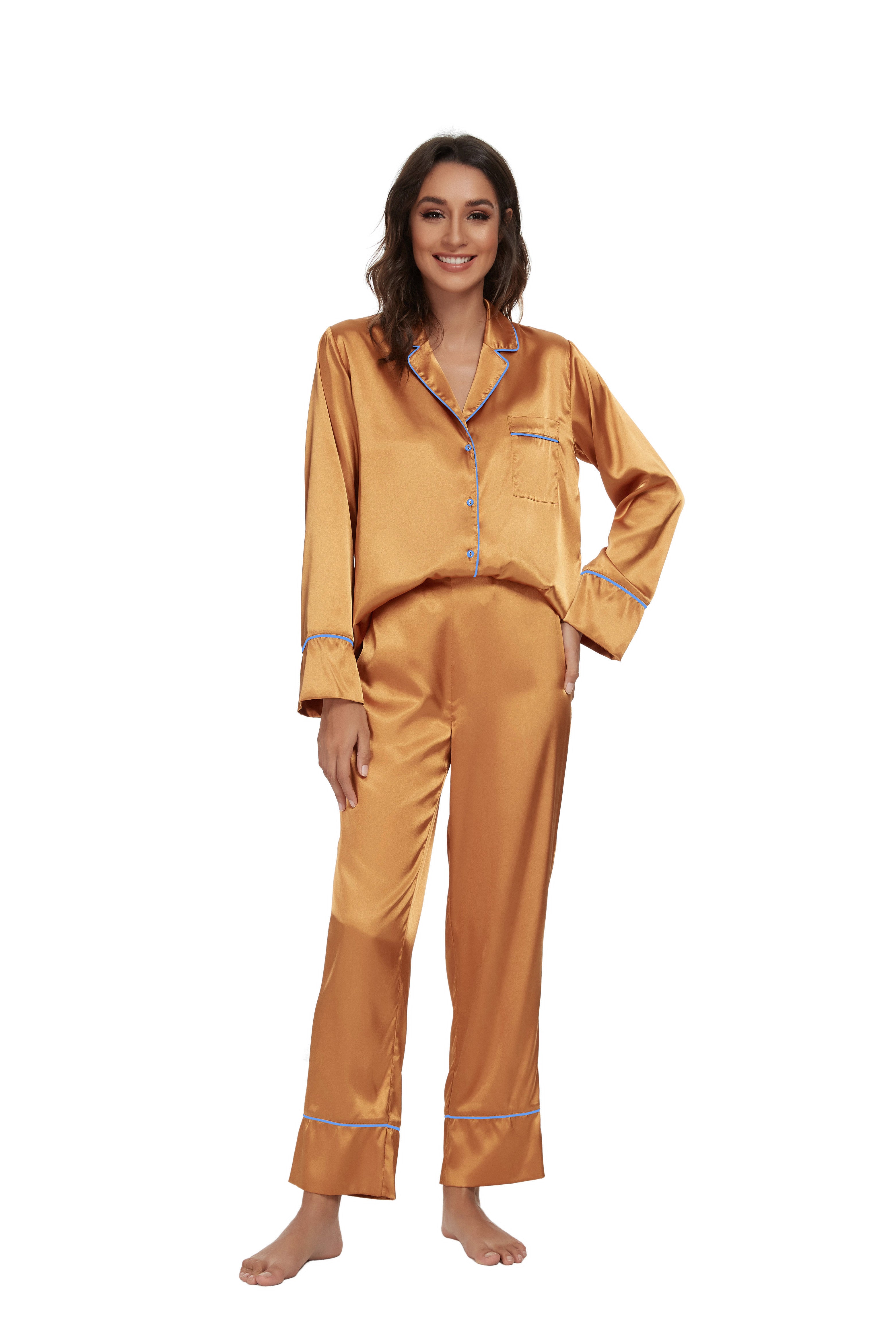 Womens Silk Satin Pajamas Set Rich Gold