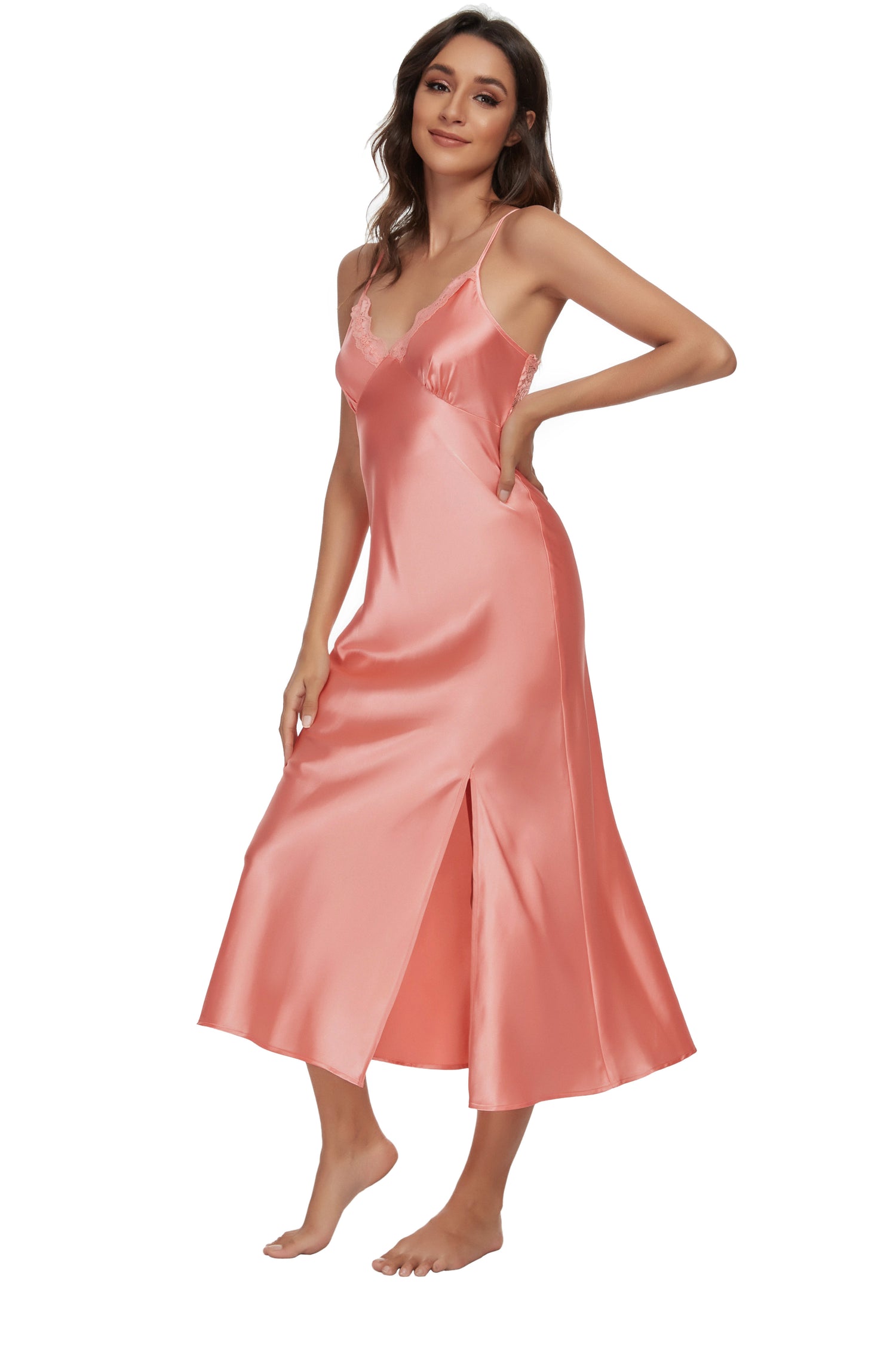 Sexy V-neck Nightgown Lace Lingerie Chemises Sleeveless Sleep Dress For Women Elegant Coral Pink