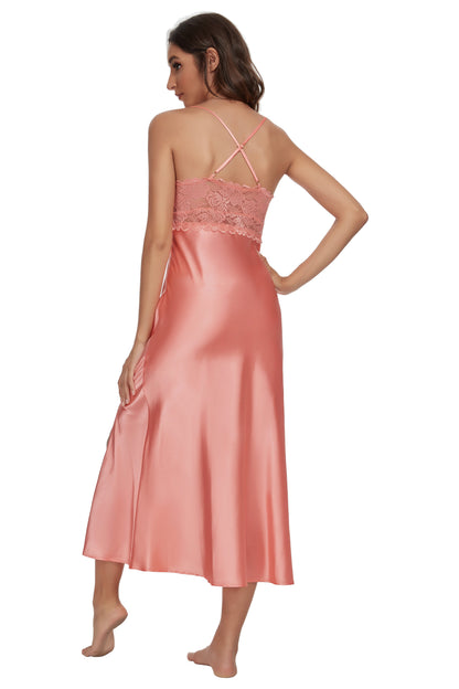 Sexy V-neck Nightgown Lace Lingerie Chemises Sleeveless Sleep Dress For Women Elegant Coral Pink