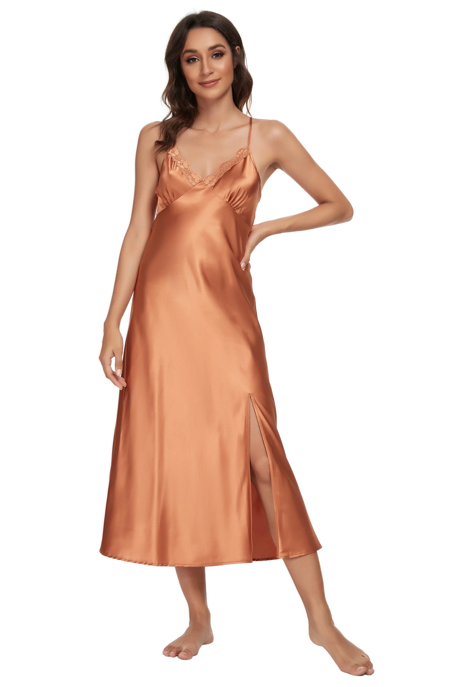 Sexy V-neck Nightgown Lace Lingerie Chemises Sleeveless Sleep Dress For Women Elegant Caramel