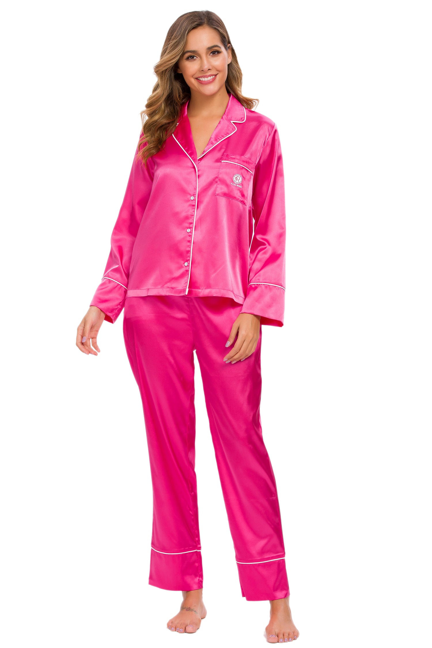 Womens Silk Satin Pajamas Set Pink