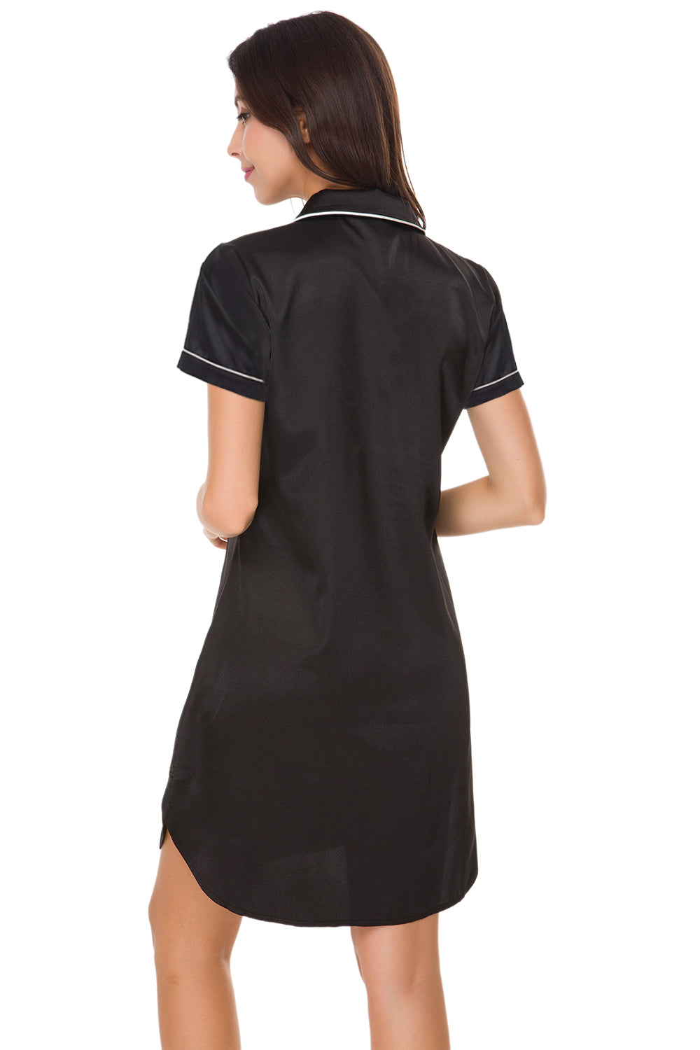 Short Sleeve Satin Boyfriend Collar Sleepwear Black