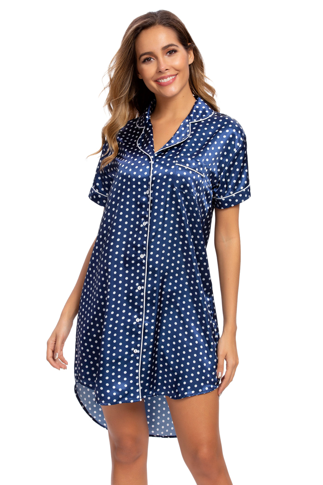 Short Sleeve Satin Boyfriend Collar Sleepwear Navy Spot