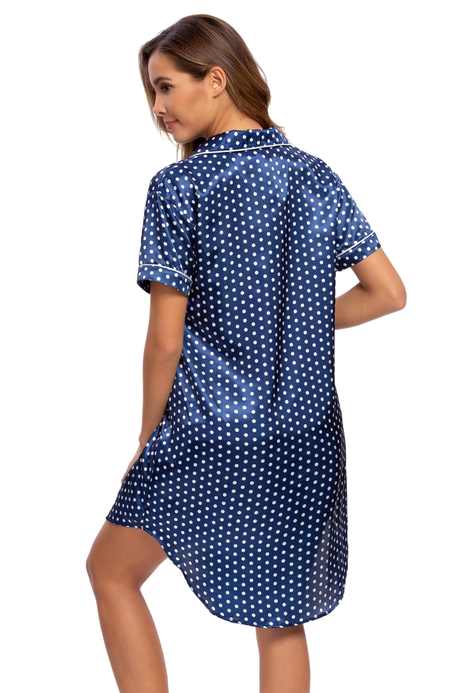 Short Sleeve Satin Boyfriend Collar Sleepwear Navy Spot