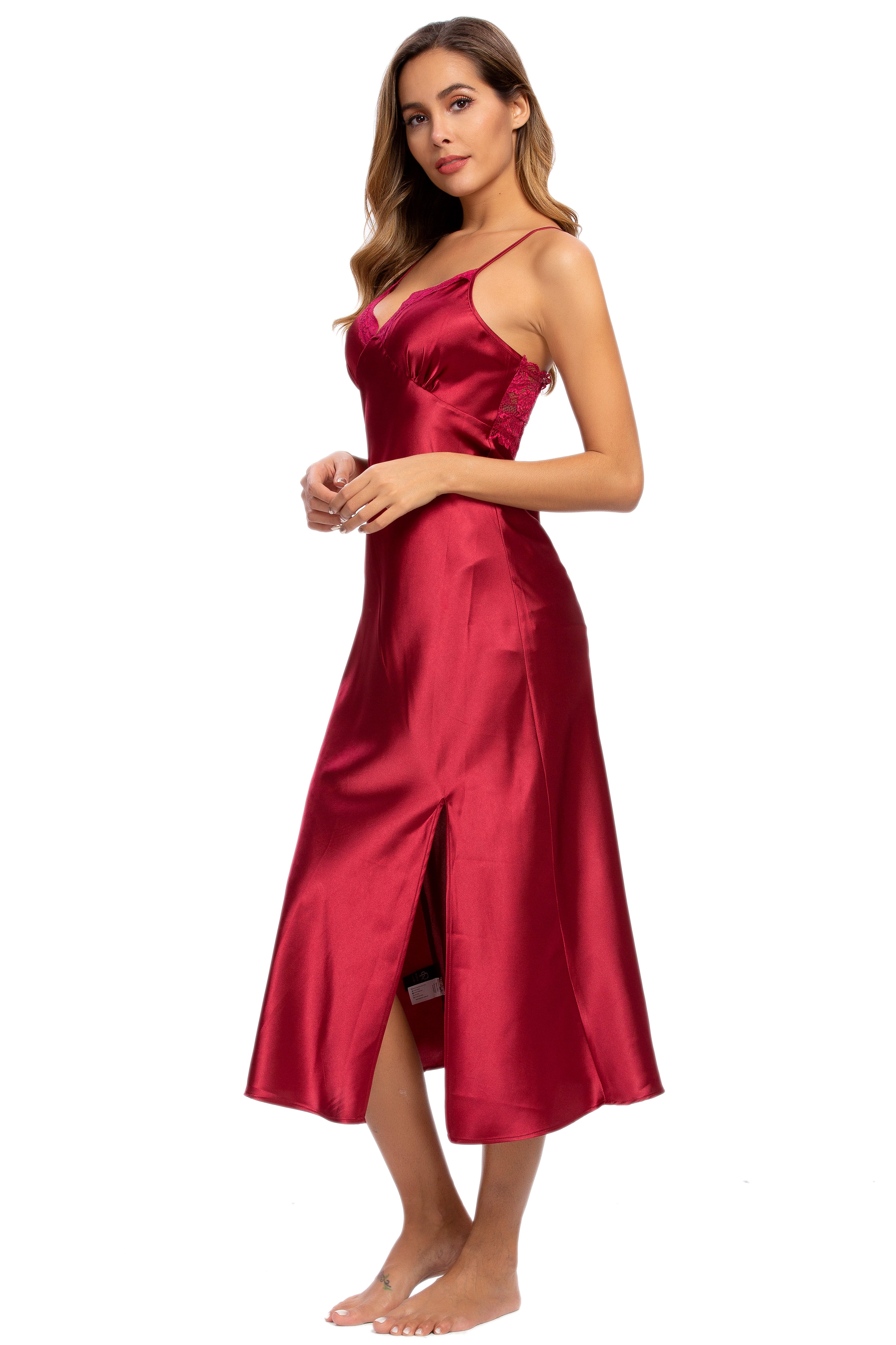Sexy V-neck Nightgown Lace Lingerie Chemises Sleeveless Sleep Dress For Women Elegant Wine