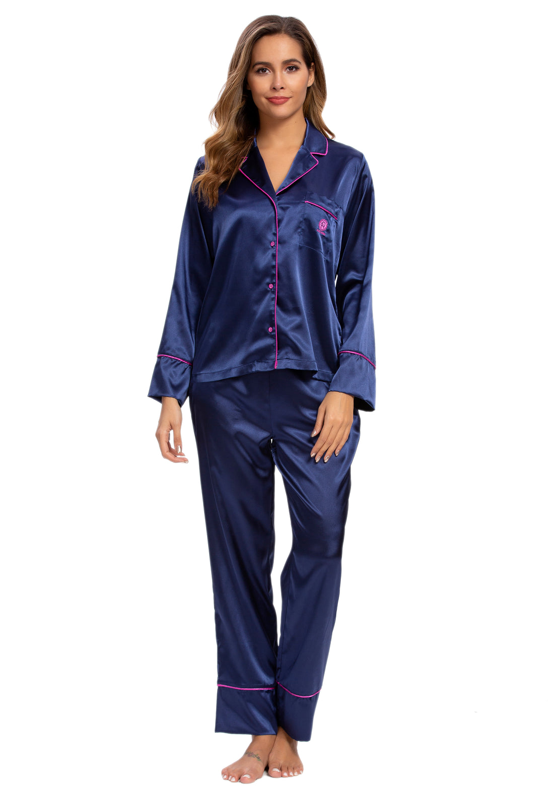 Womens Silk Satin Pajamas Set Navy