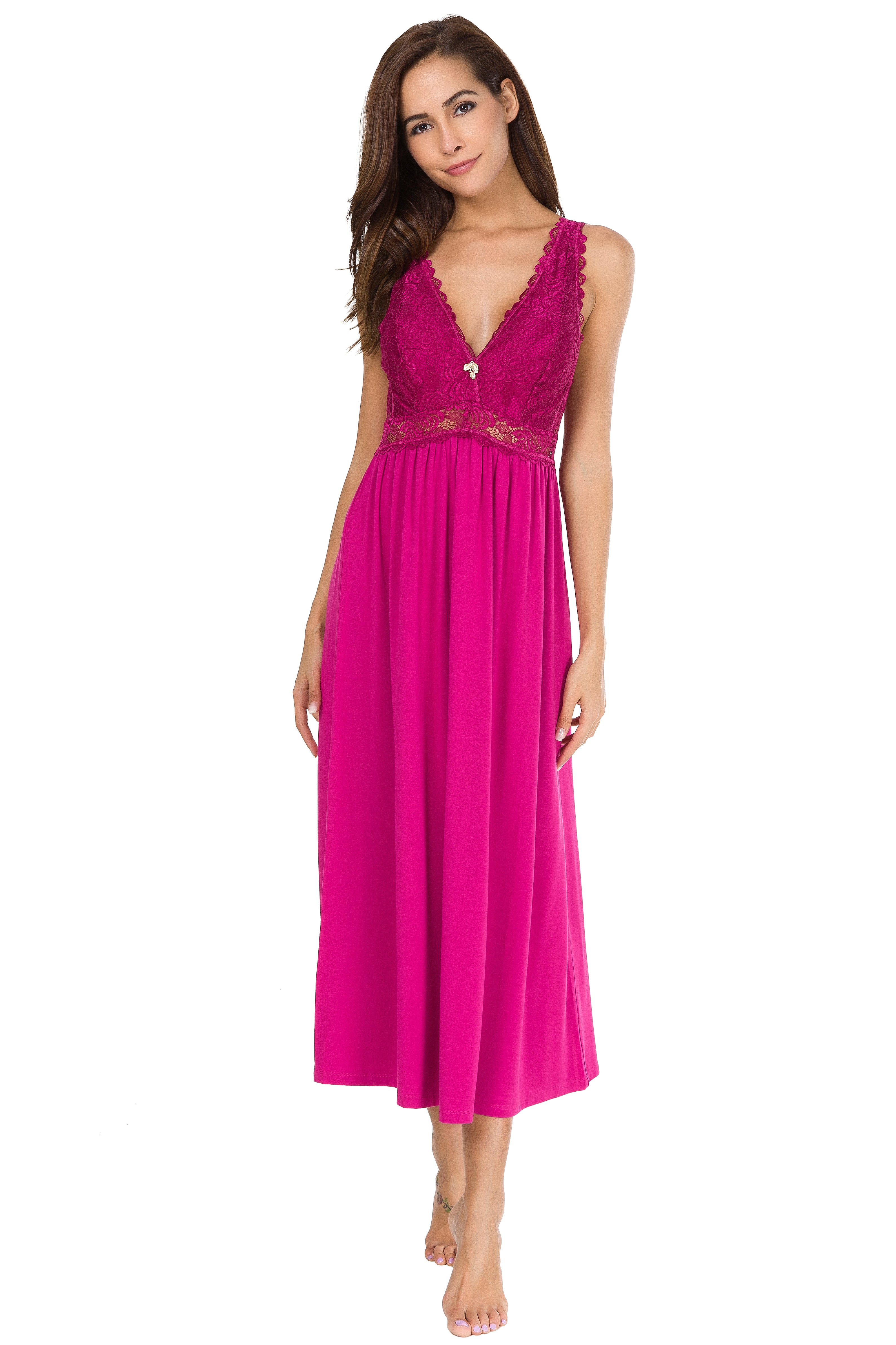 Sexy Lace Jersey Elegant Long Nightgown Chemises Rose