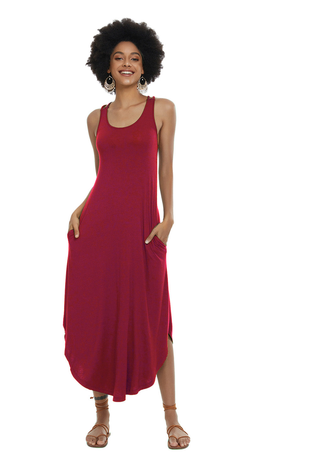 Womens Casual Sleeveless Long Sleep Dress Wine