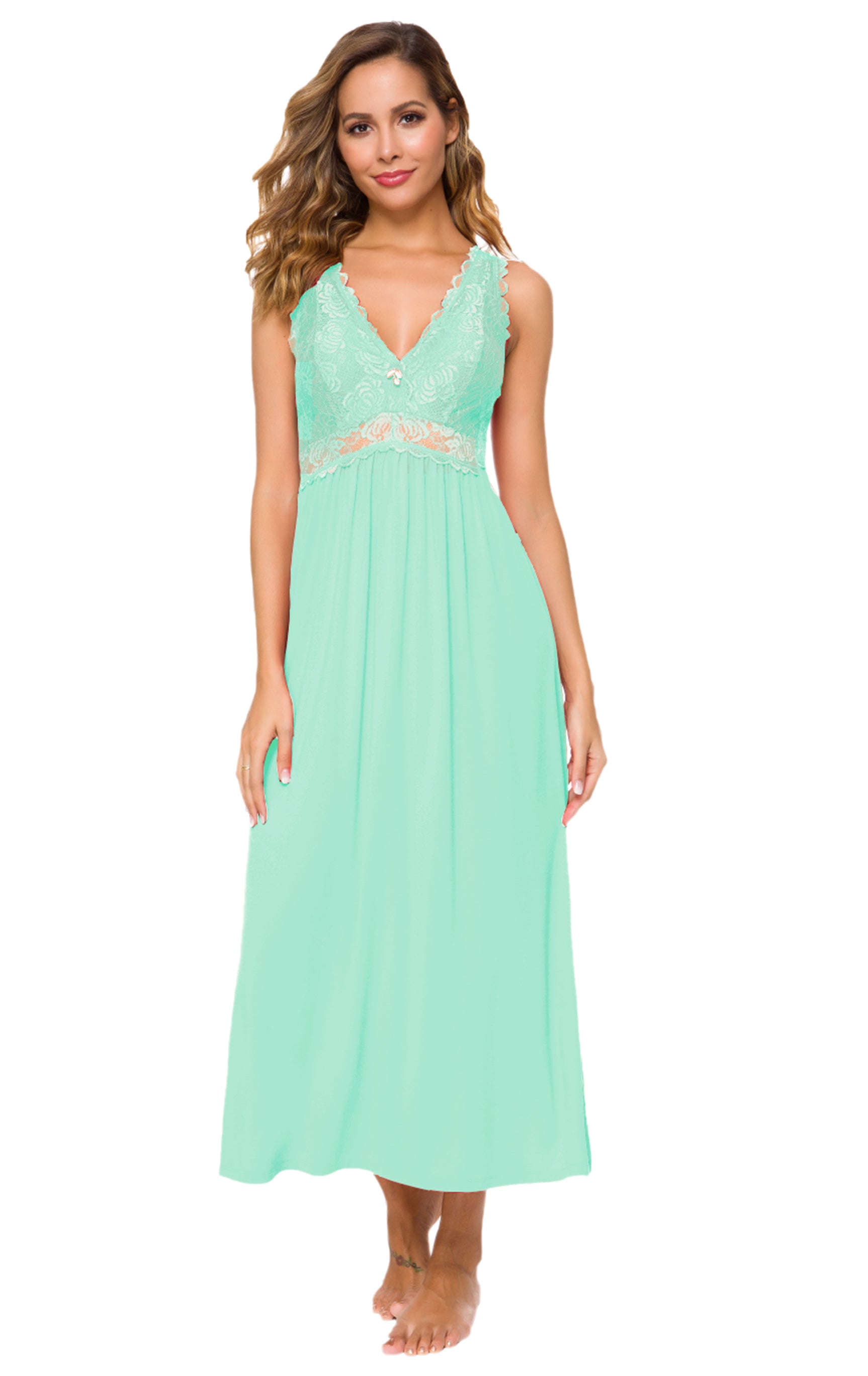 Sexy Lace Jersey Elegant Long Nightgown Chemises Mint