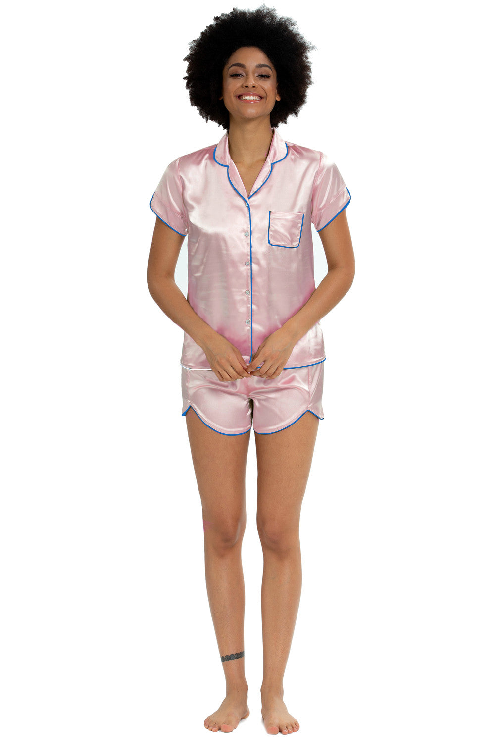 Womens Silky Satin  Short Sleeve Pajamas Set Pearl  Pink