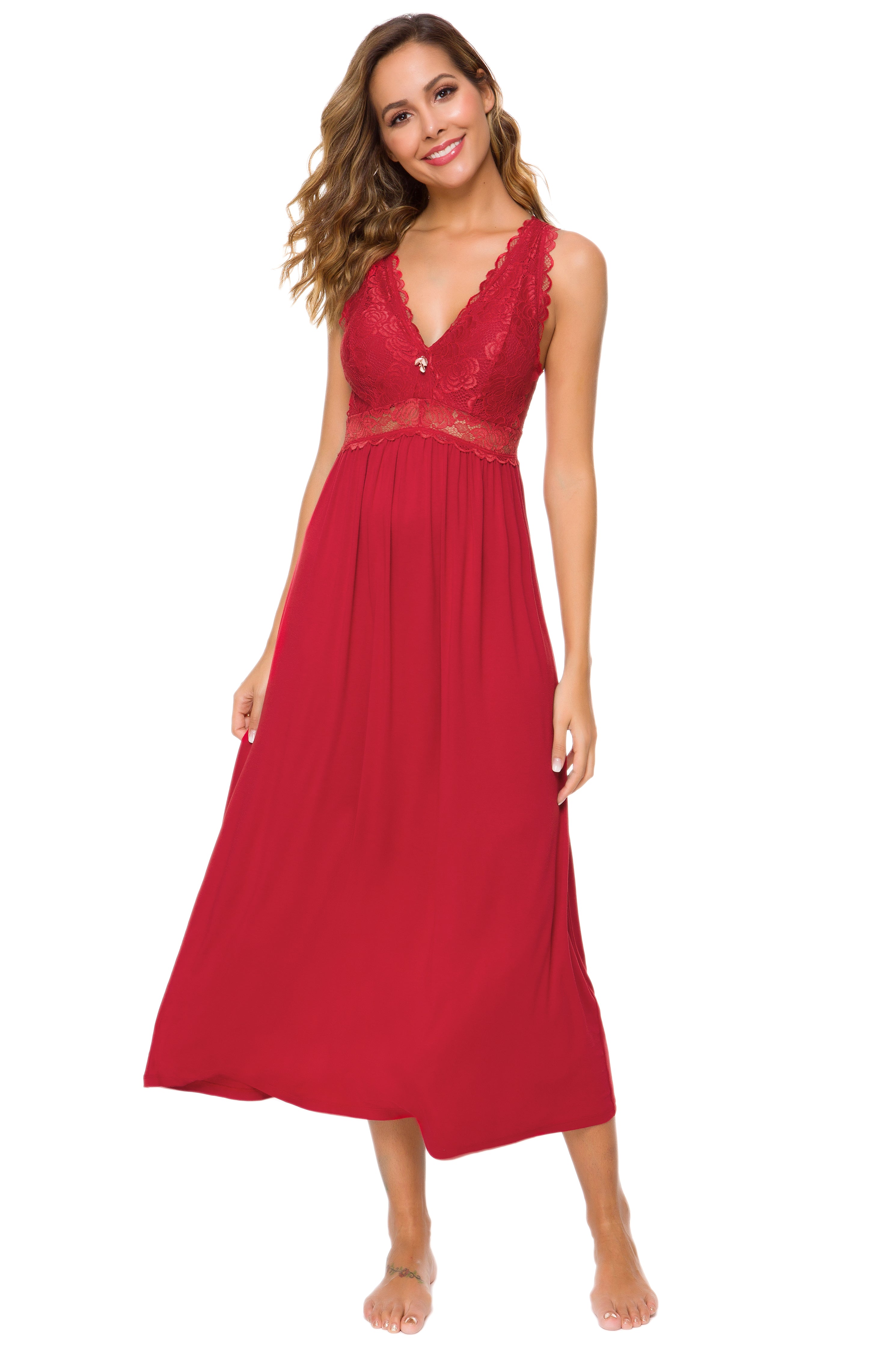 Sexy Lace Jersey Elegant Long Nightgown Chemises Red