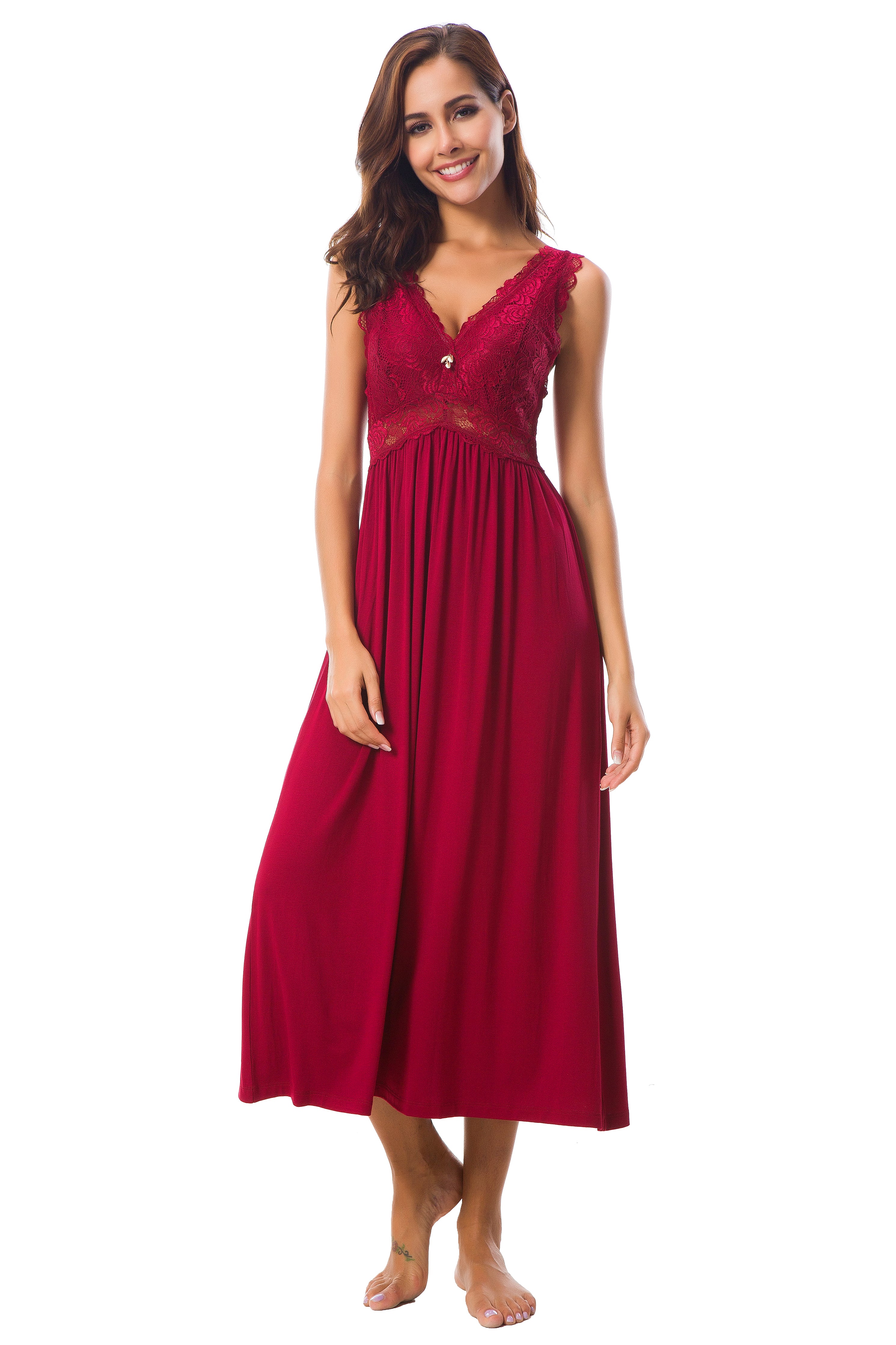 Sexy Lace Jersey Elegant Long Nightgown Chemises Wine