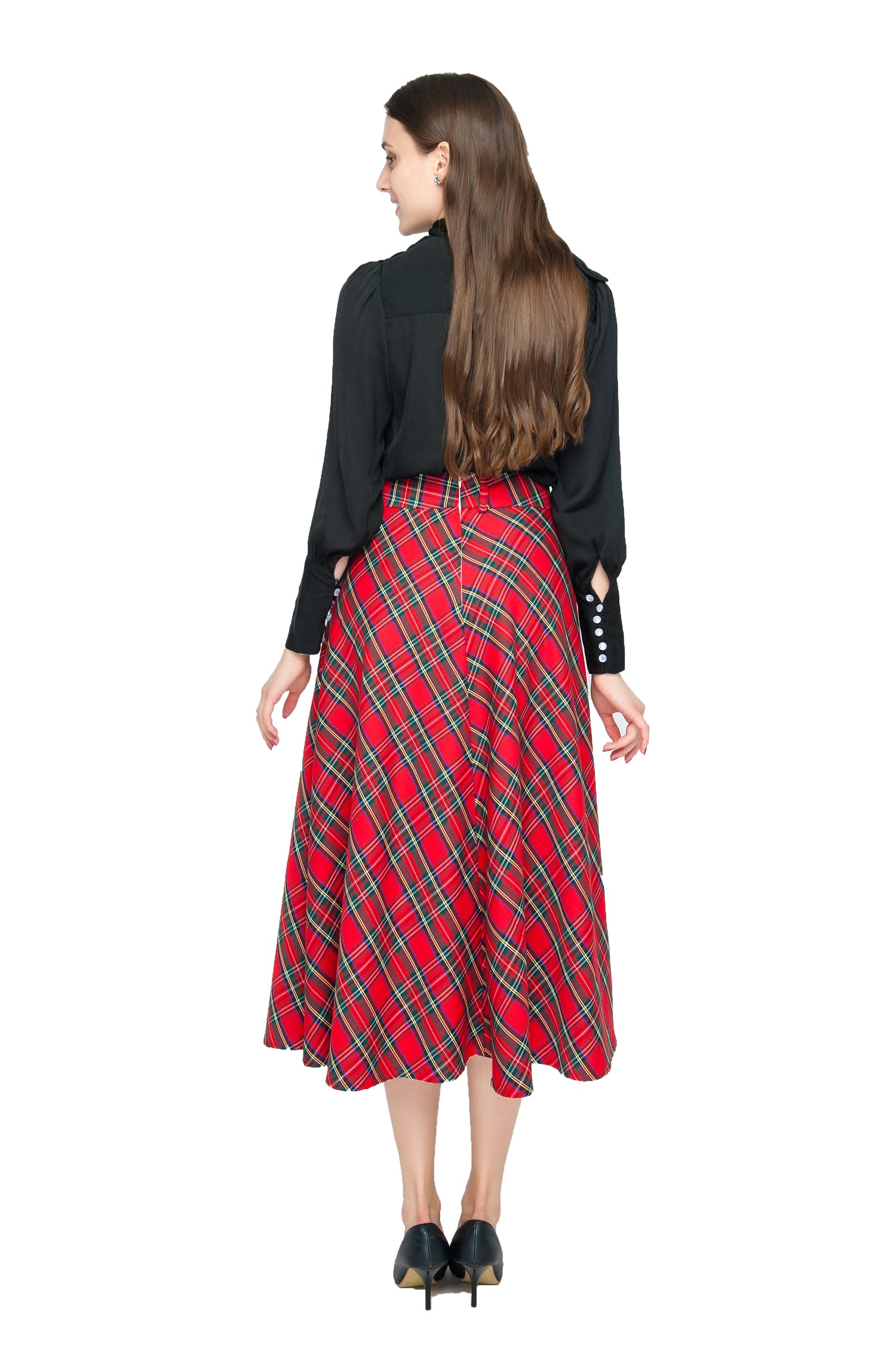 Womens High Waist Plaid Midi Skirt Red Plaid