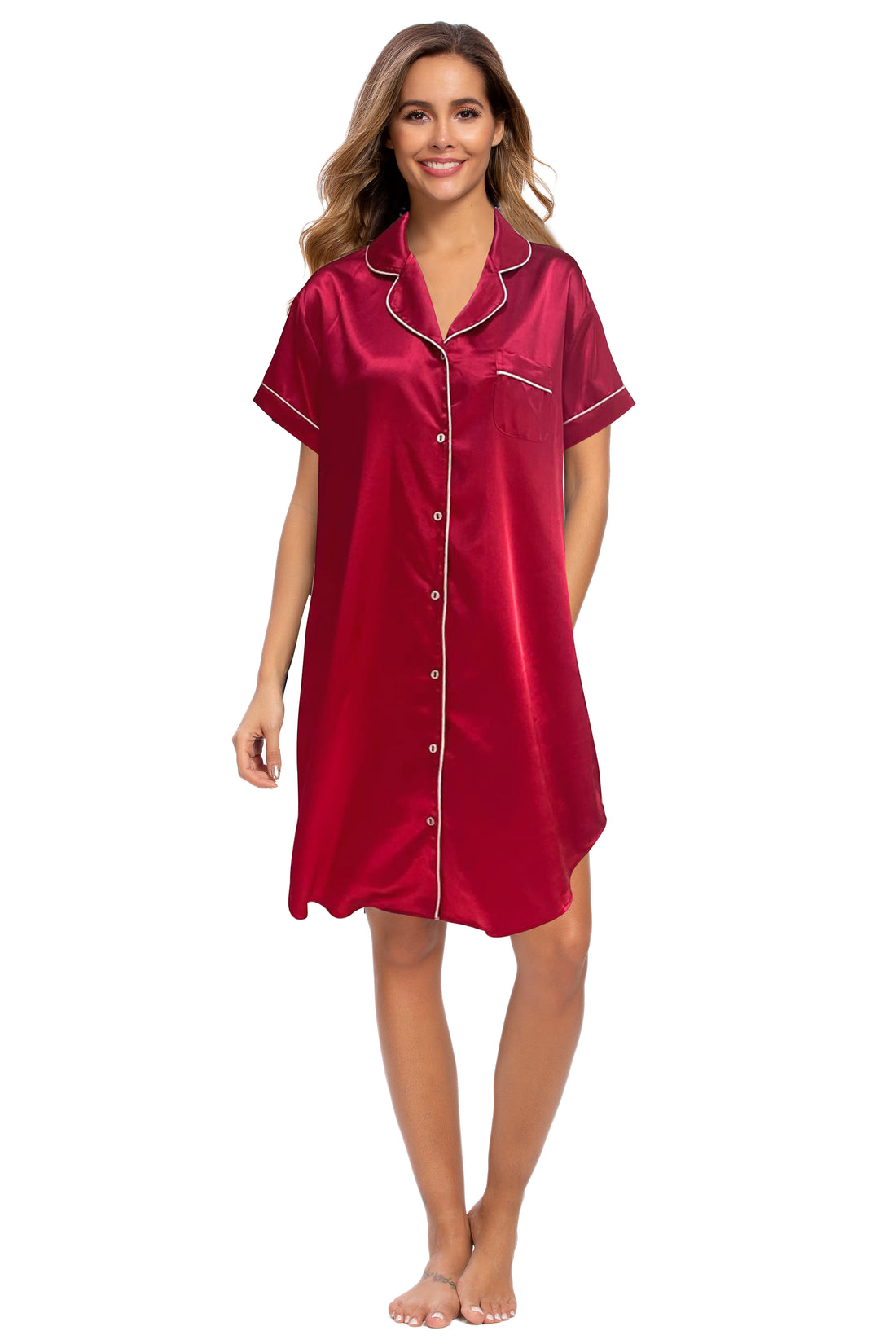 Short Sleeve Satin Boyfriend Collar Sleepwear Wine