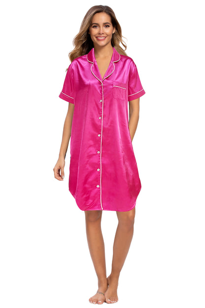 Short Sleeve Satin Boyfriend Collar Sleepwear Pink