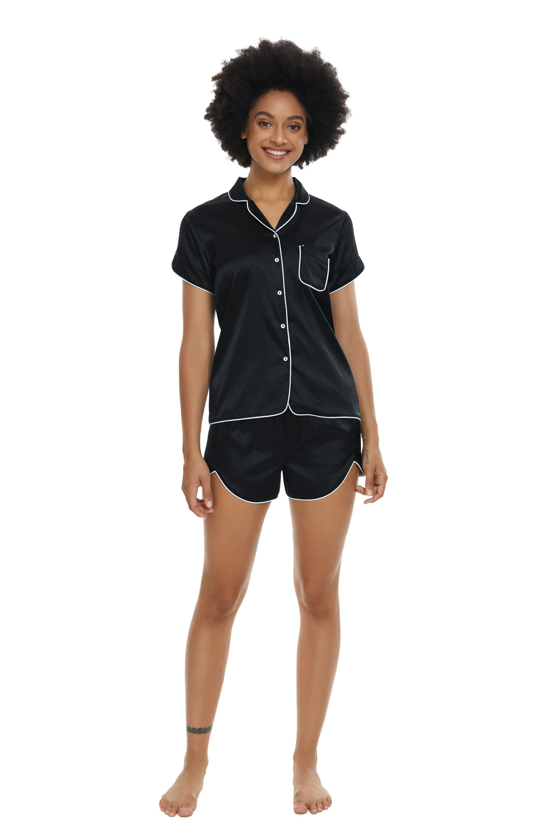 Womens Silky Satin  Short Sleeve Pajamas Set Black