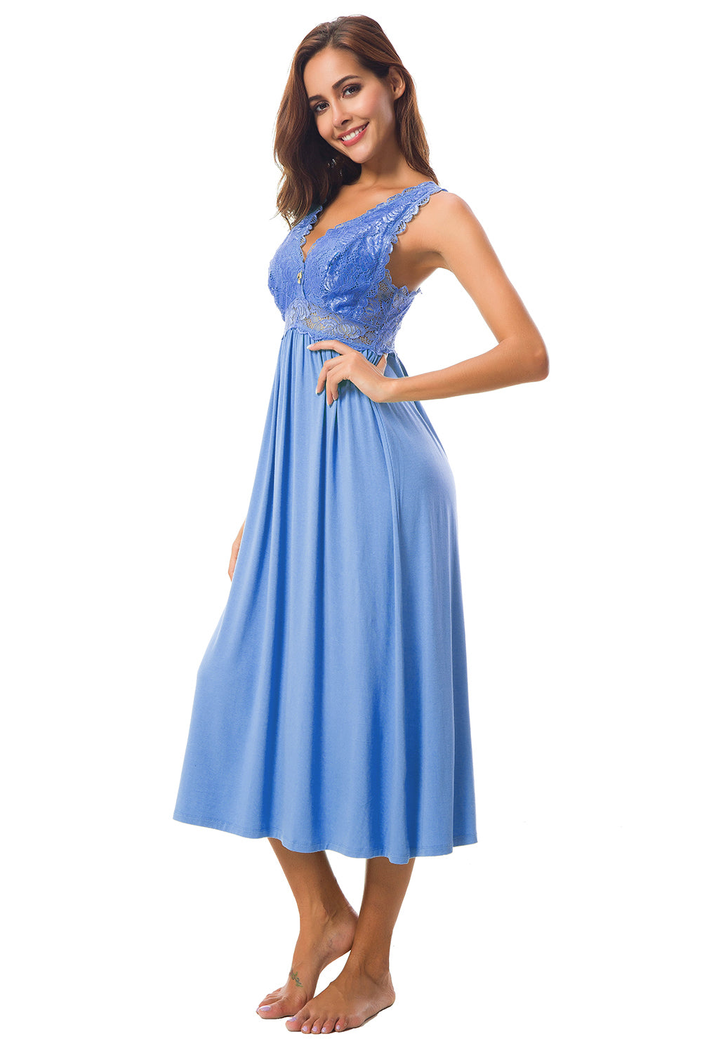 Sexy Lace Jersey Elegant Long Nightgown Chemises Skyblue