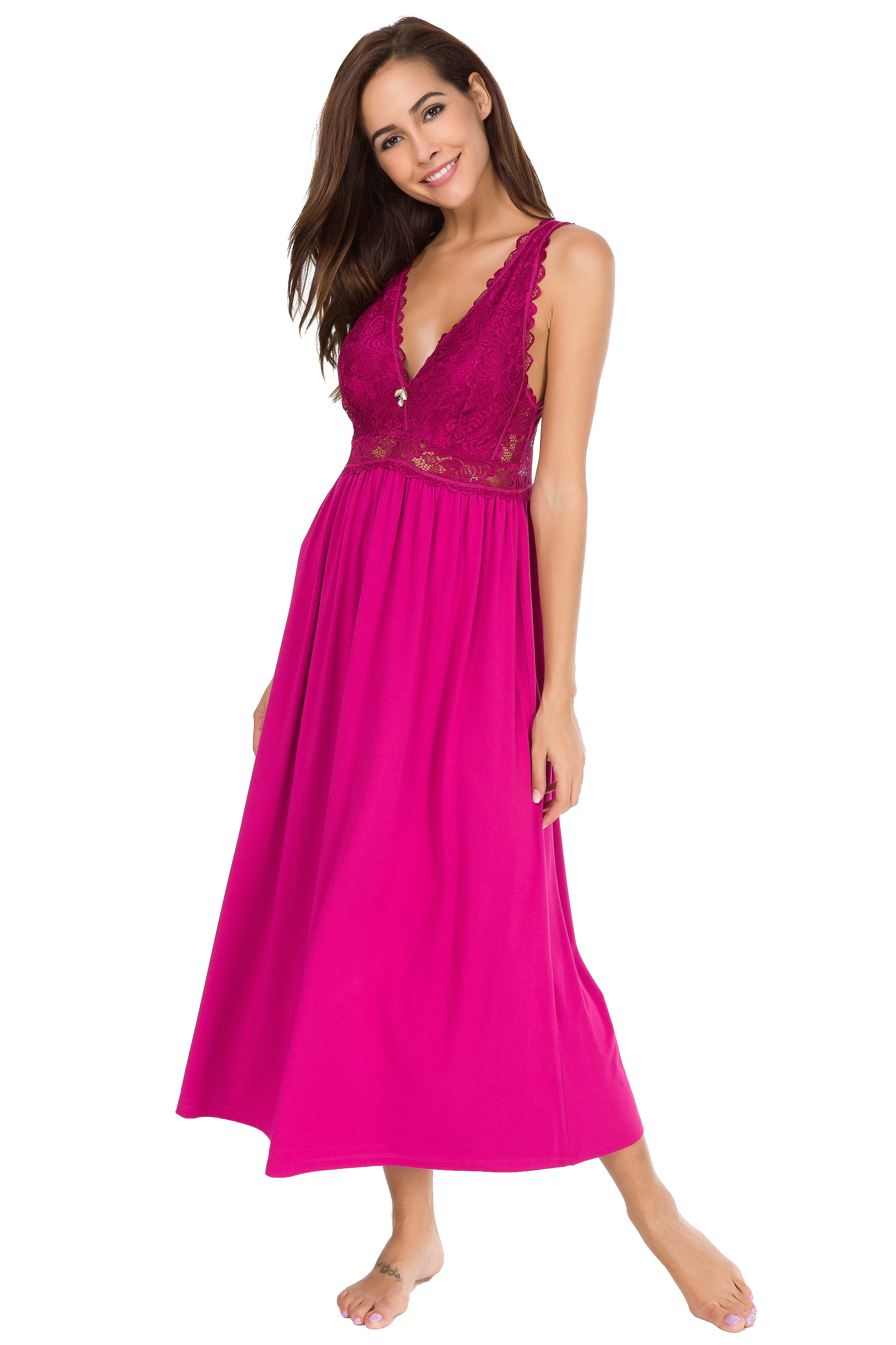 Sexy Lace Jersey Elegant Long Nightgown Chemises Rose