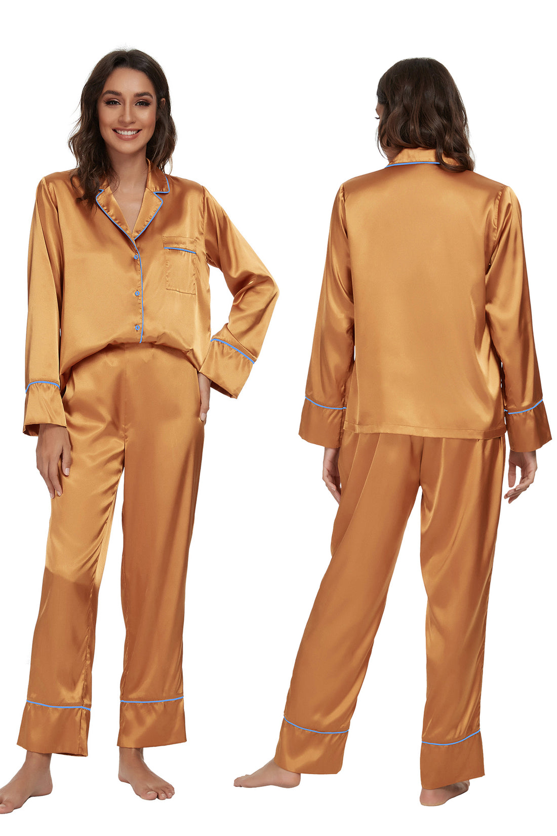 Womens Silk Satin Pajamas Set Rich Gold