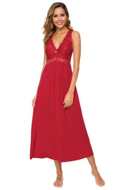 Sexy Lace Jersey Elegant Long Nightgown Chemises Red