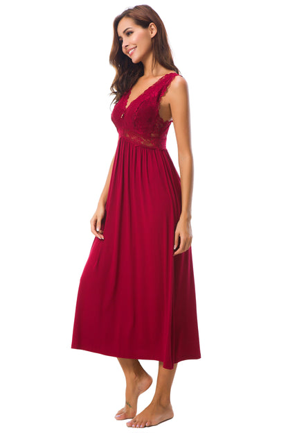 Sexy Lace Jersey Elegant Long Nightgown Chemises Wine