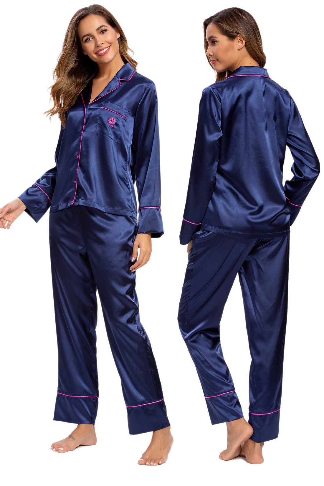 Womens Silk Satin Pajamas Set Navy