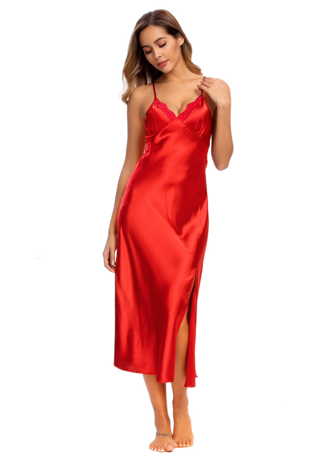 Sexy V-neck Nightgown Lace Lingerie Chemises Sleeveless Sleep Dress For Women Elegant Red