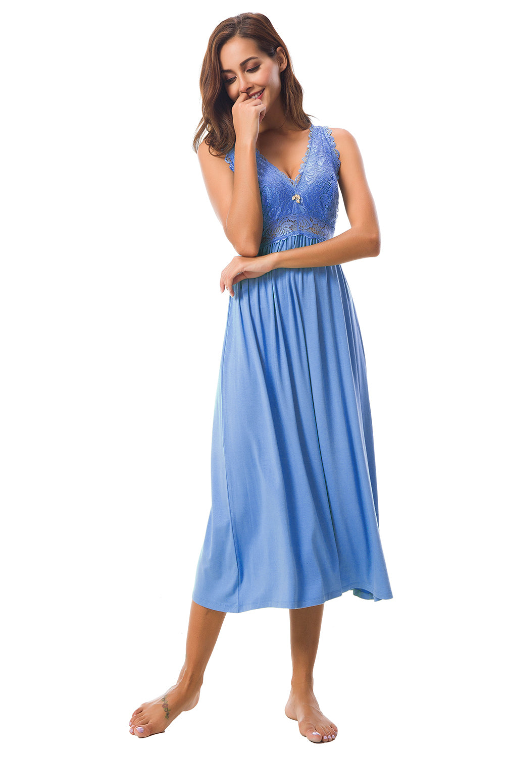 Sexy Lace Jersey Elegant Long Nightgown Chemises Skyblue