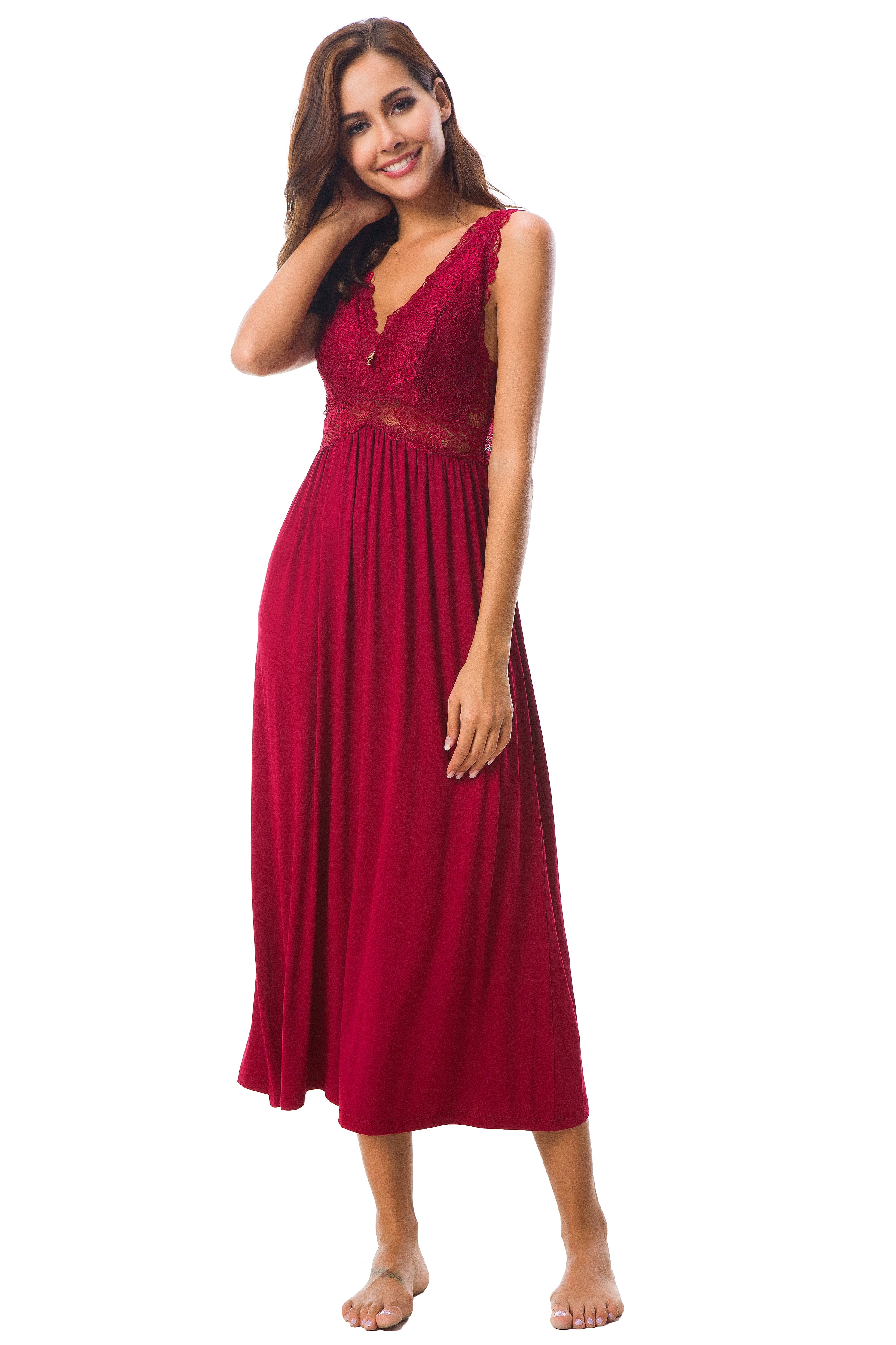 Sexy Lace Jersey Elegant Long Nightgown Chemises Wine