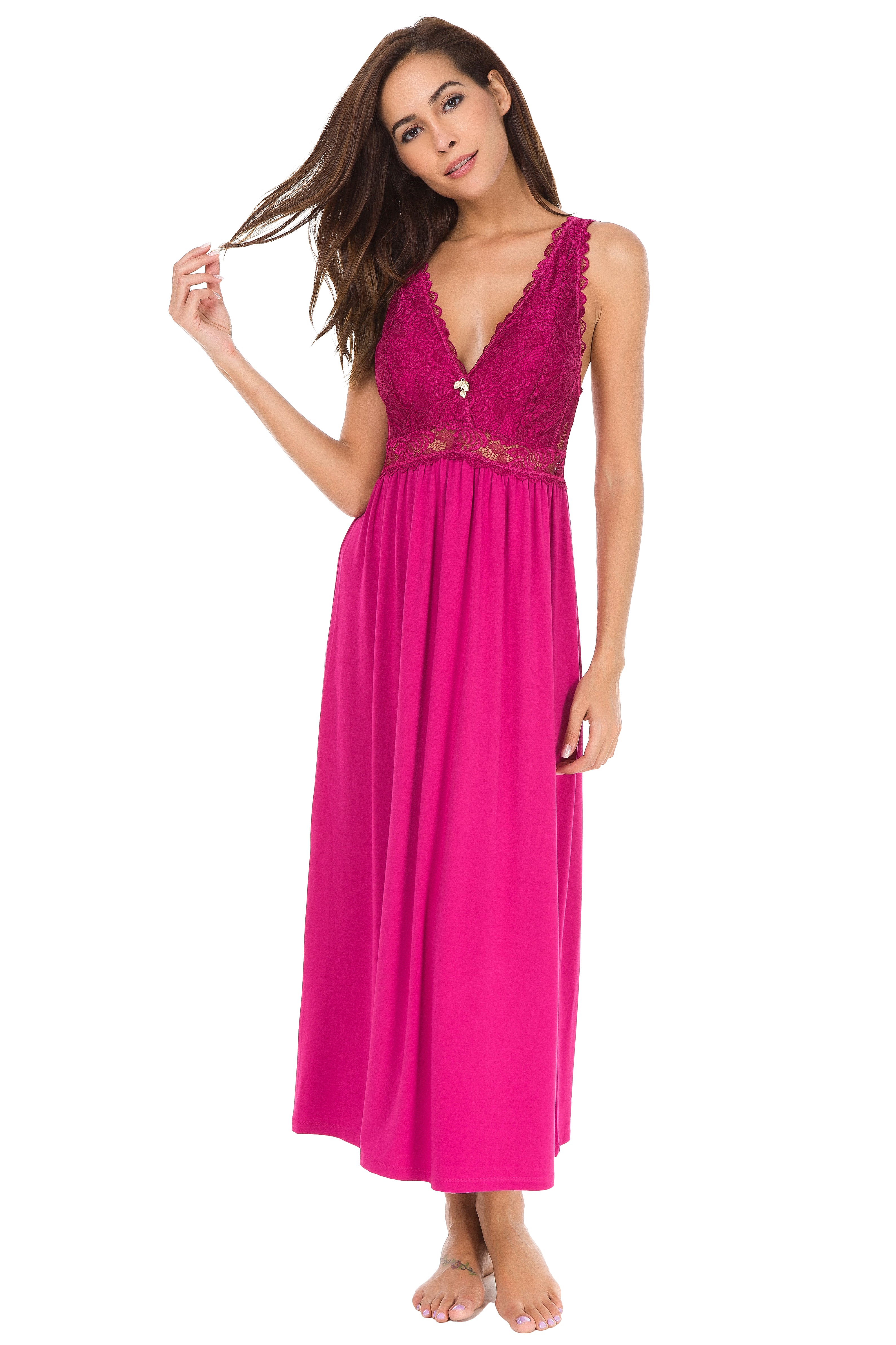 Sexy Lace Jersey Elegant Long Nightgown Chemises Rose