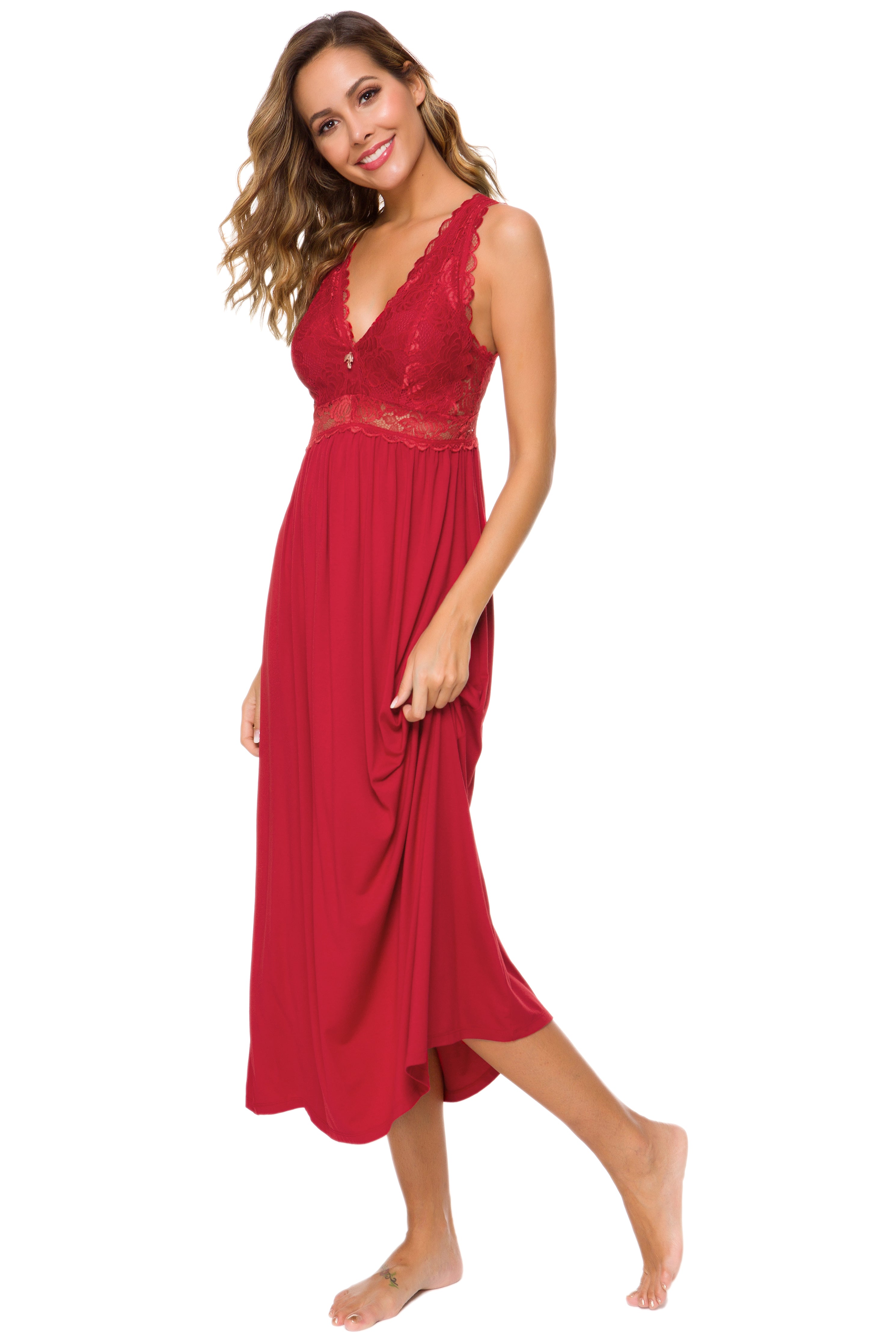 Sexy Lace Jersey Elegant Long Nightgown Chemises Red