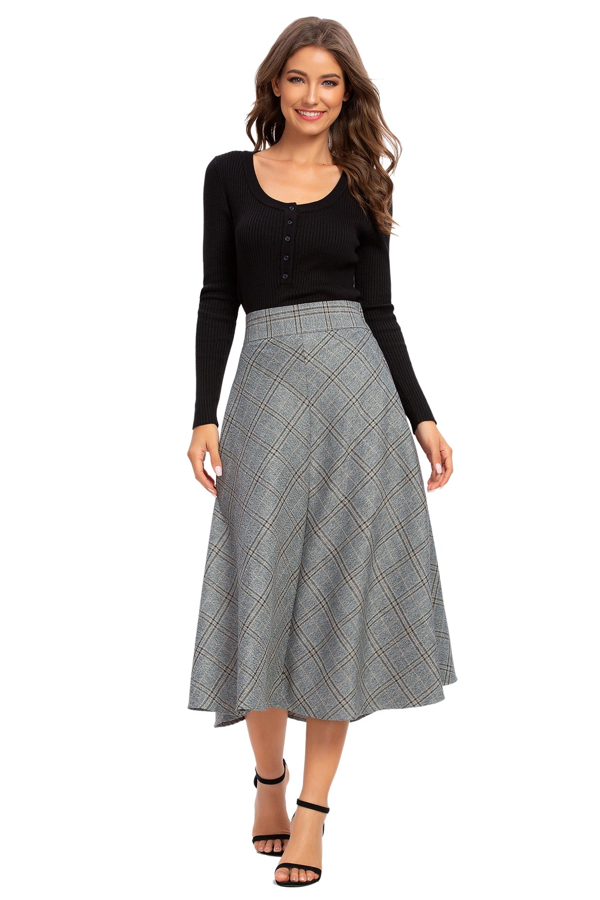 Womens High Waist Plaid Midi Skirt Grey