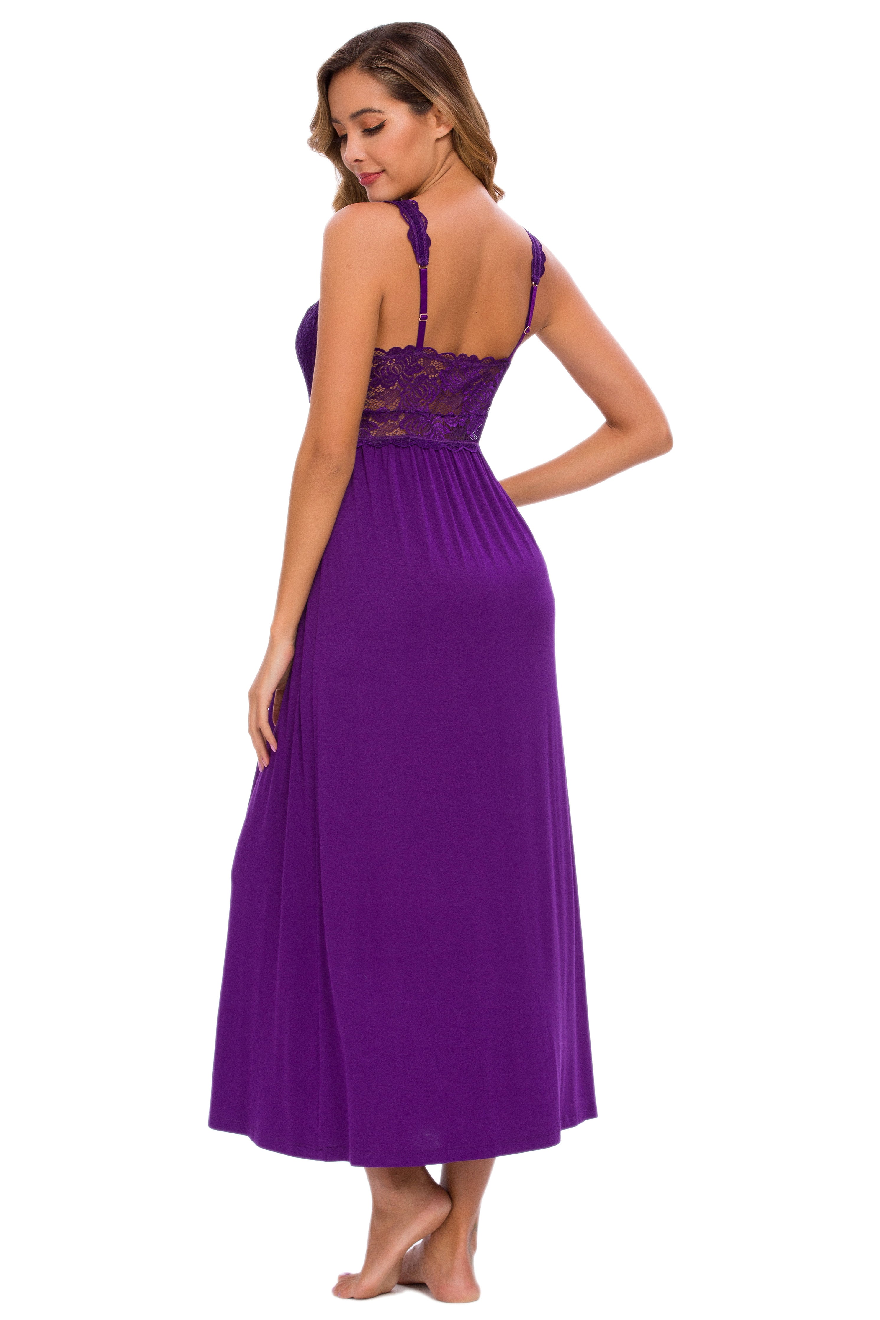 Sexy Lace Jersey Elegant Long Nightgown Chemises Purple