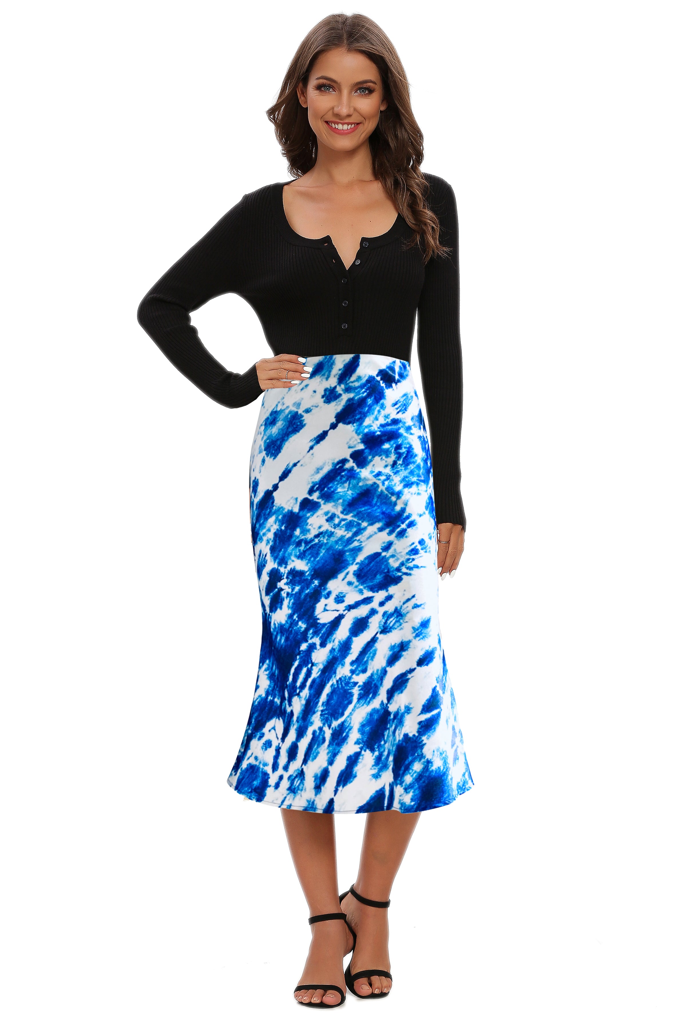 High Waist Silky Satin Fishtail Midi Skirt Tie Dye