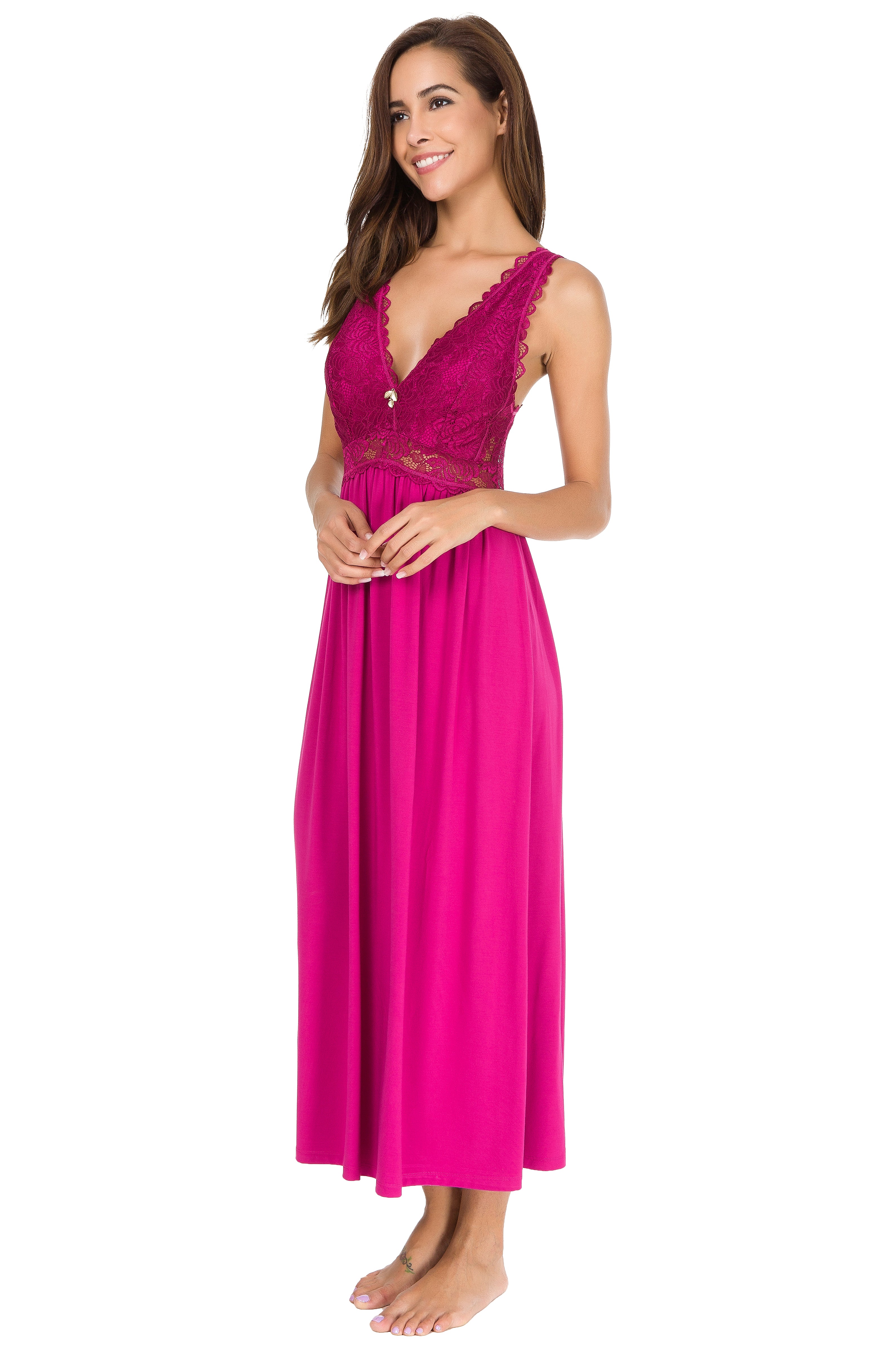 Sexy Lace Jersey Elegant Long Nightgown Chemises Rose