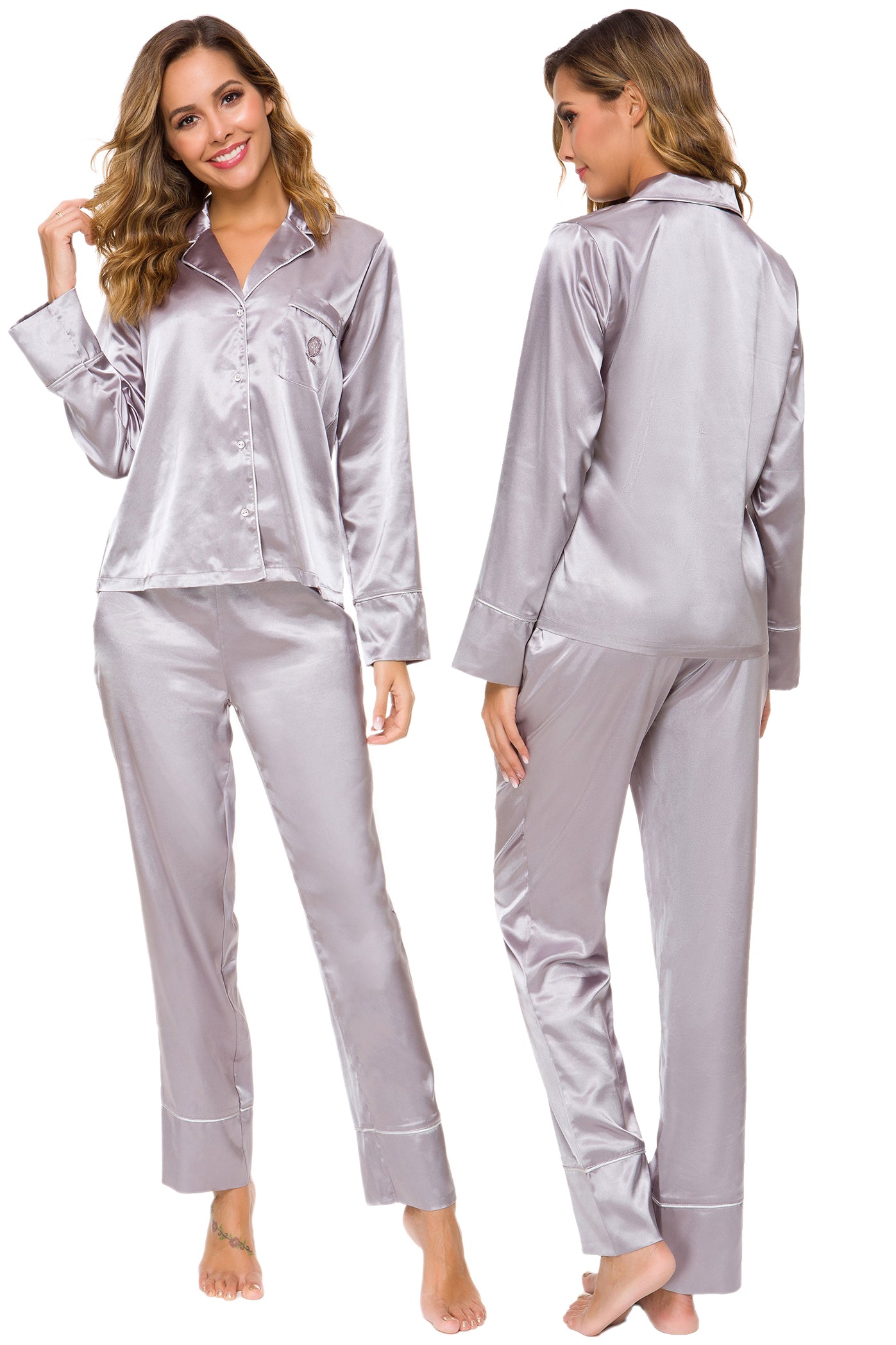 Womens Silk Satin Pajamas Set Grey