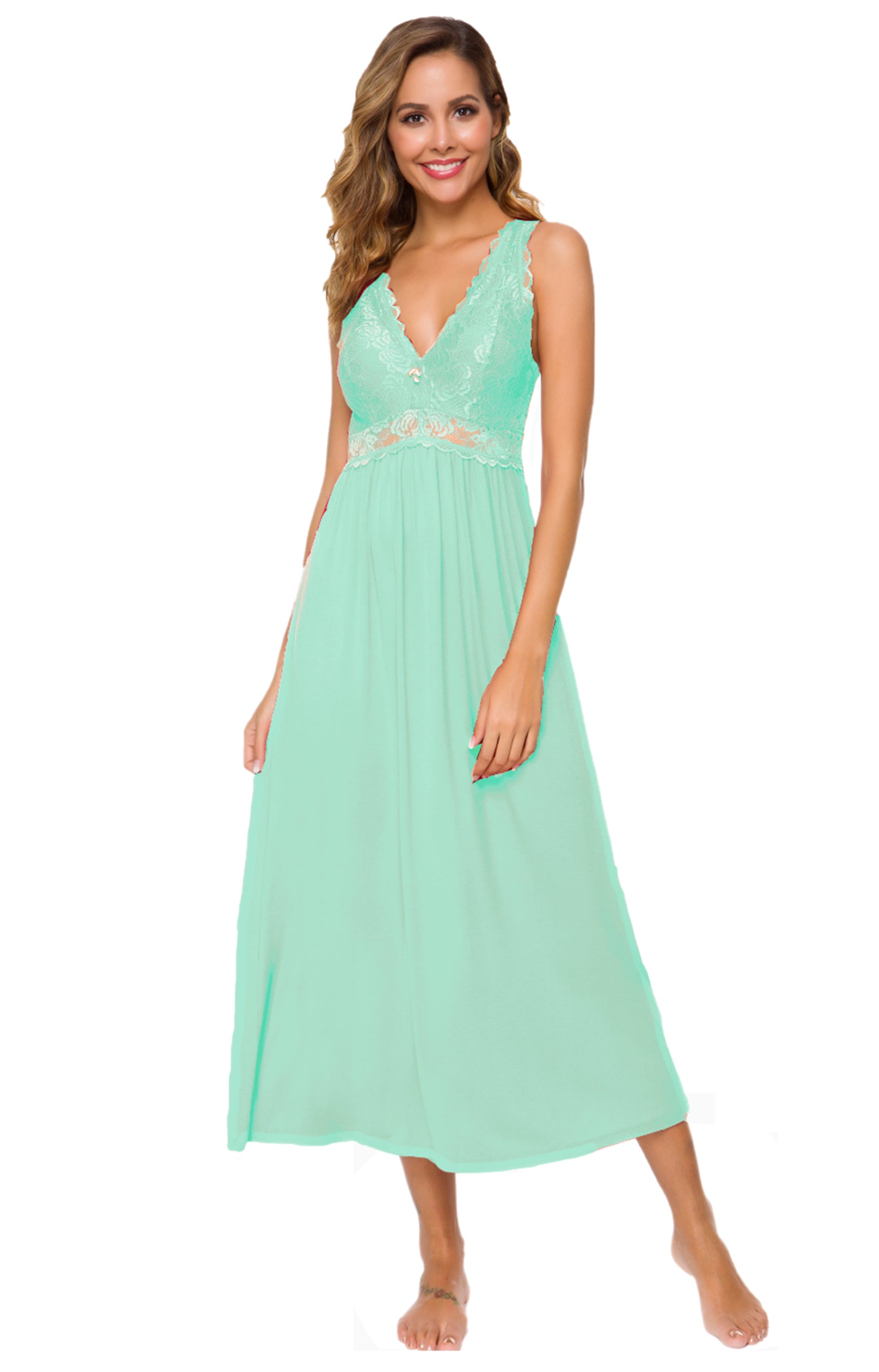 Sexy Lace Jersey Elegant Long Nightgown Chemises Mint