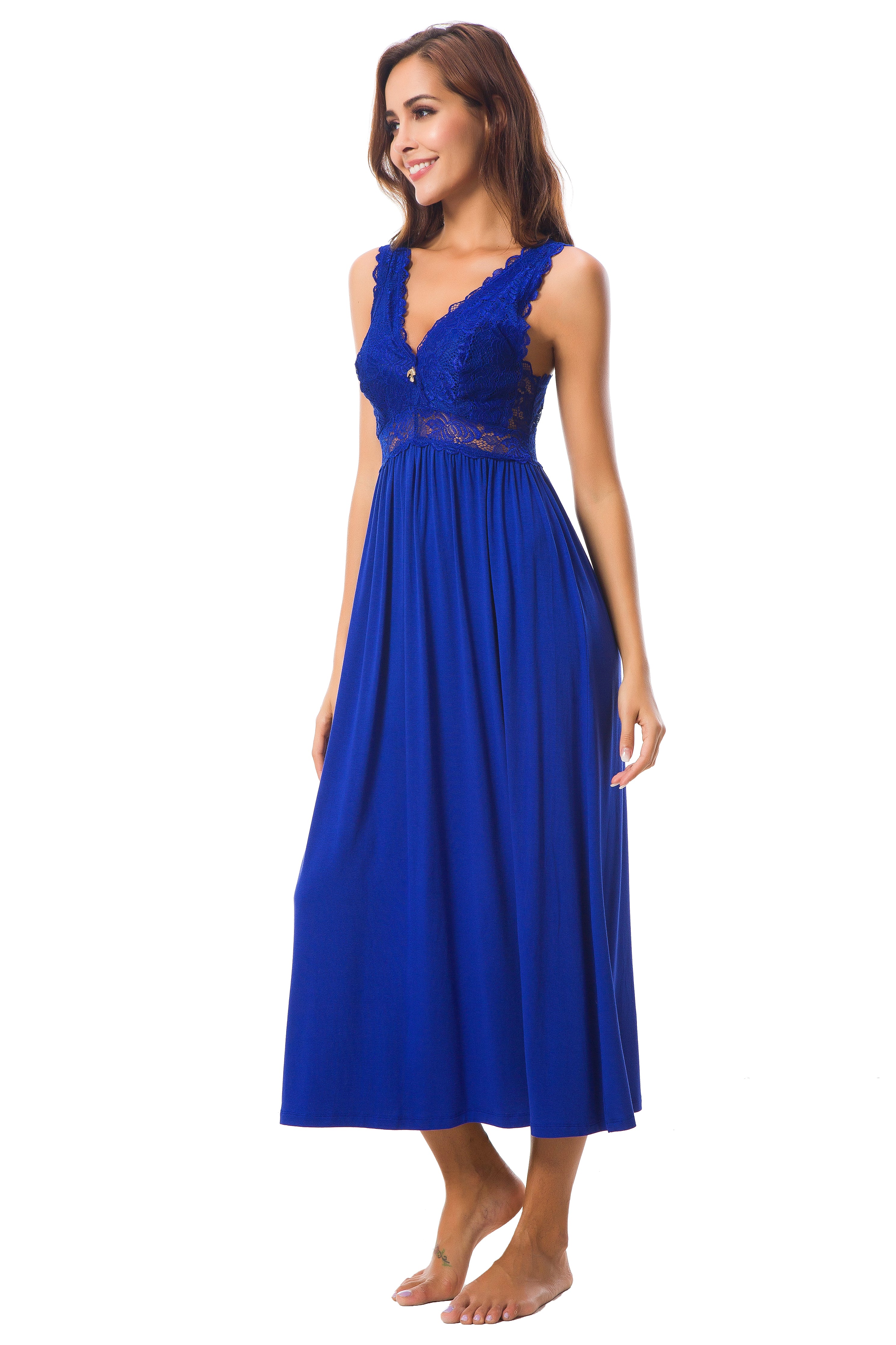 Sexy Lace Jersey Elegant Long Nightgown Chemises Royalblue