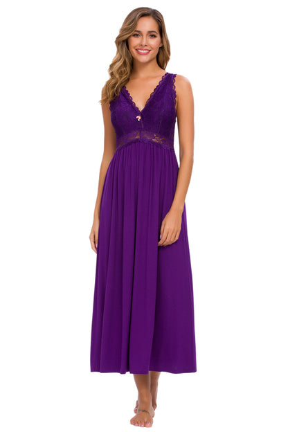 Sexy Lace Jersey Elegant Long Nightgown Chemises Purple