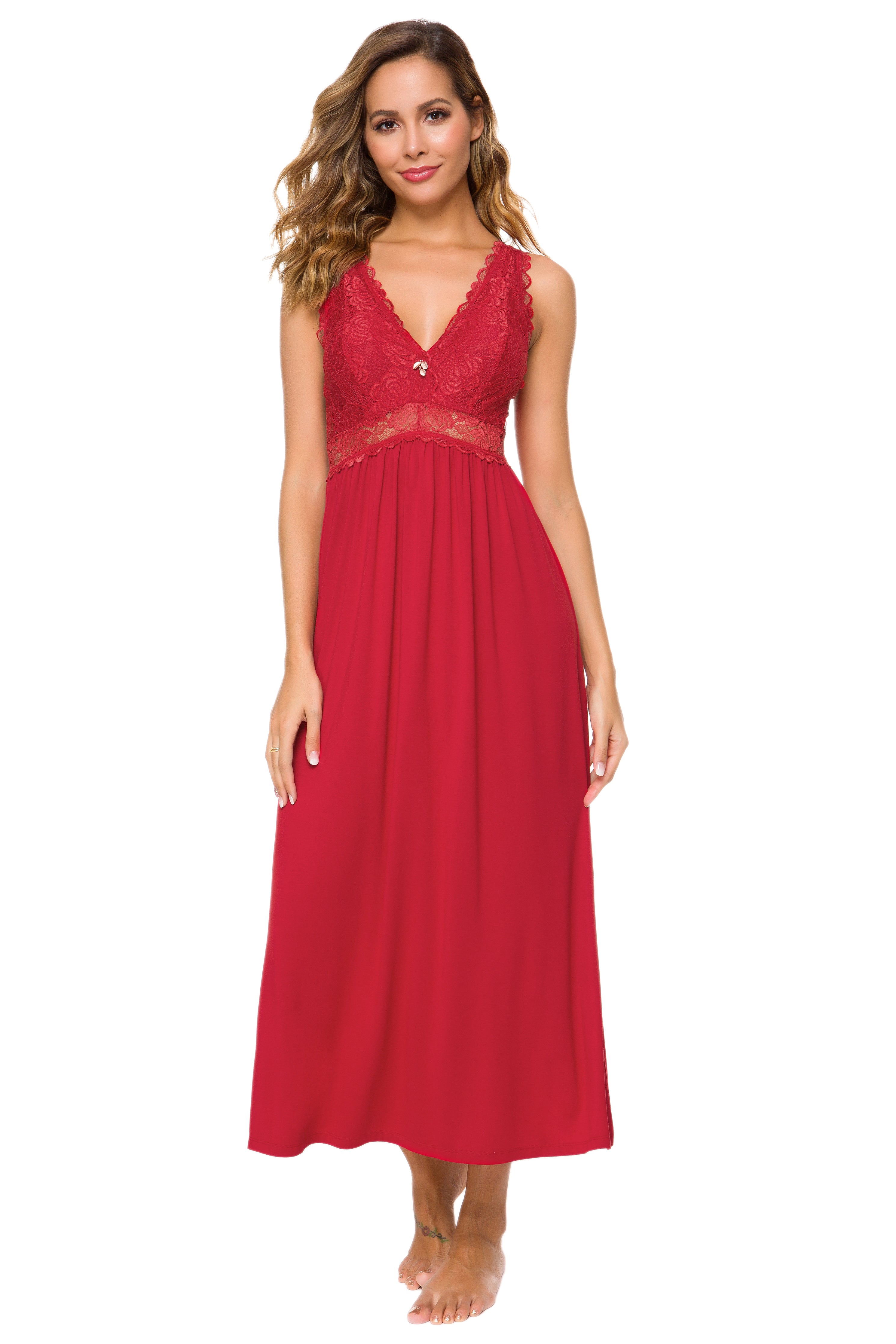 Sexy Lace Jersey Elegant Long Nightgown Chemises Red