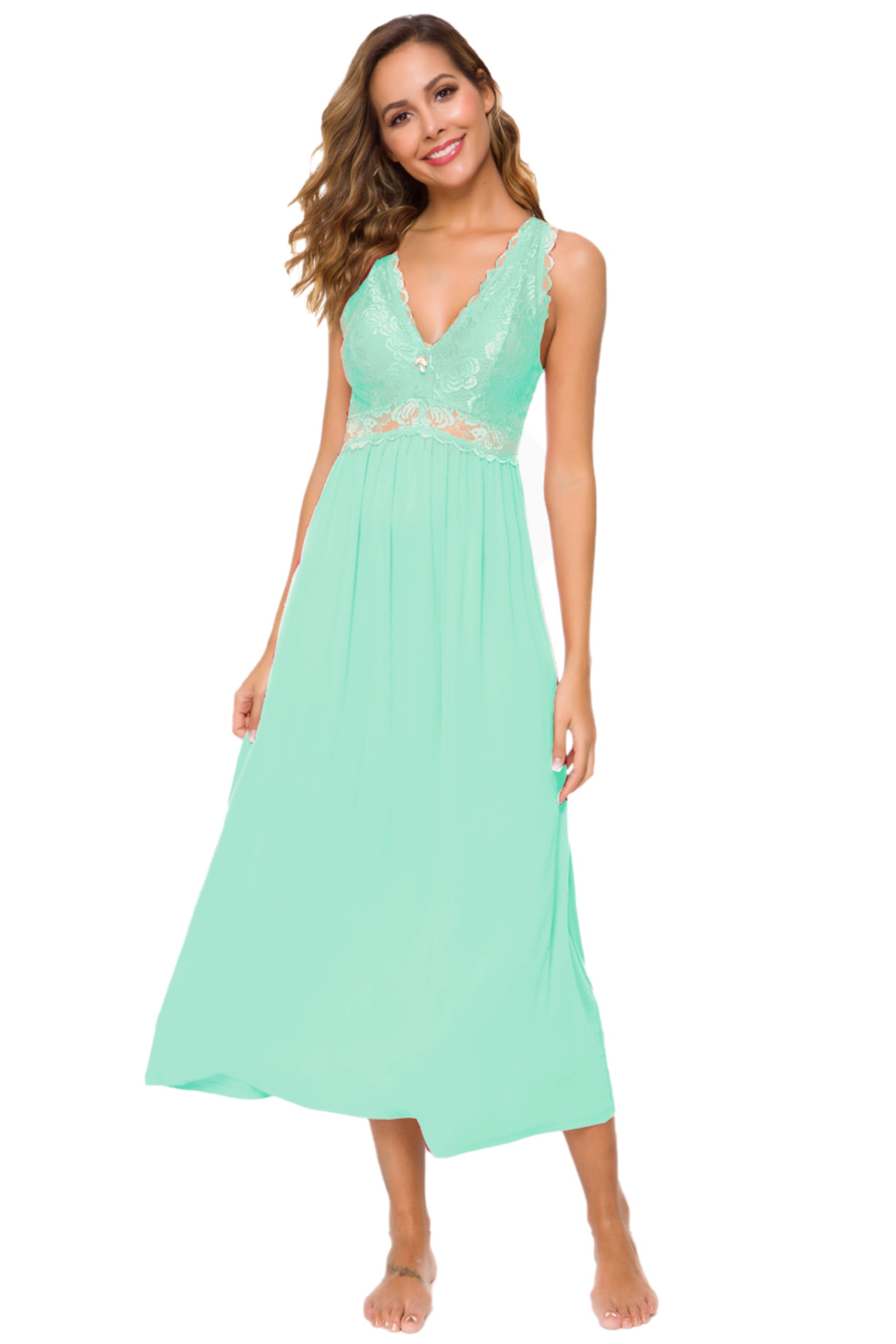 Sexy Lace Jersey Elegant Long Nightgown Chemises Mint