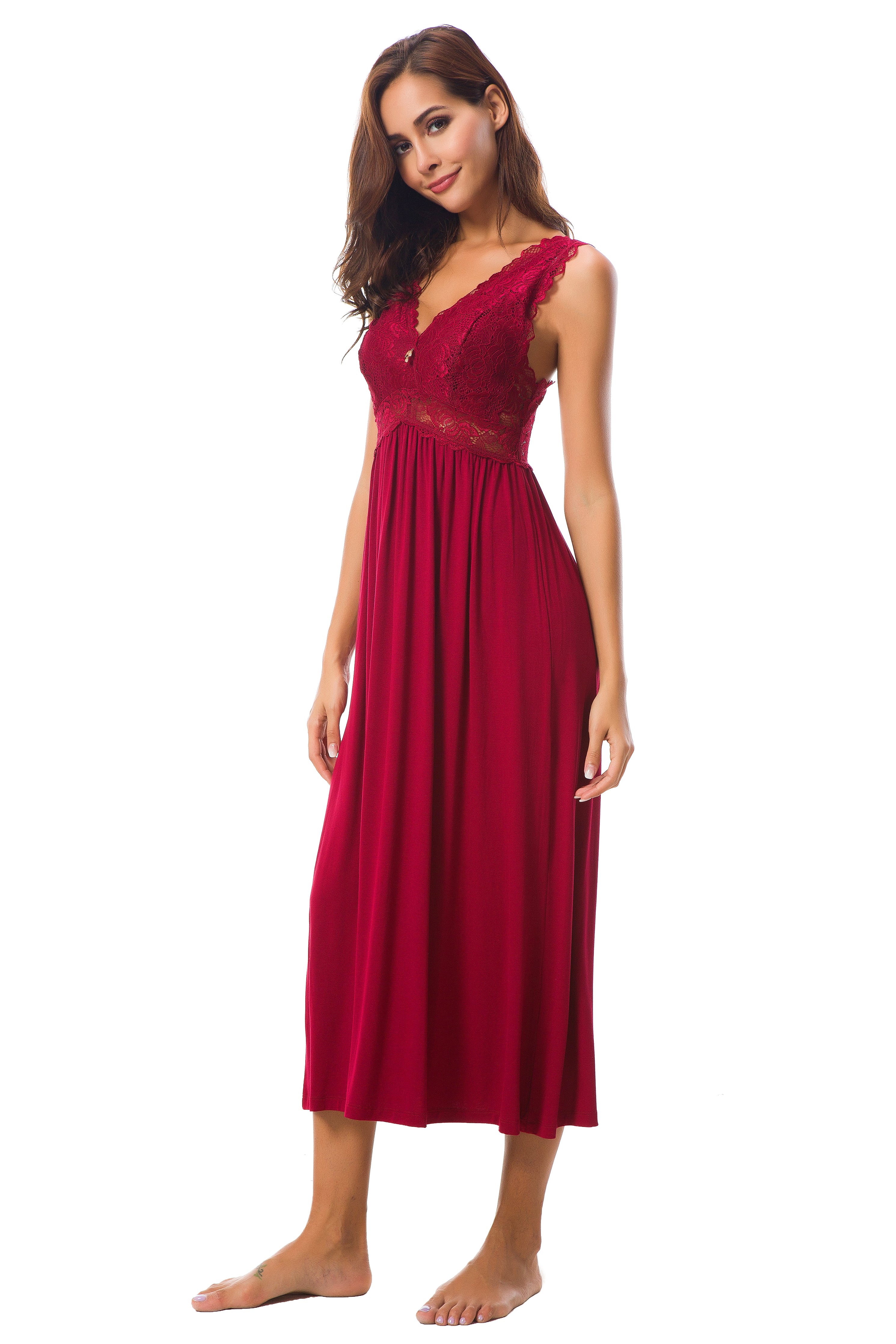 Sexy Lace Jersey Elegant Long Nightgown Chemises Wine
