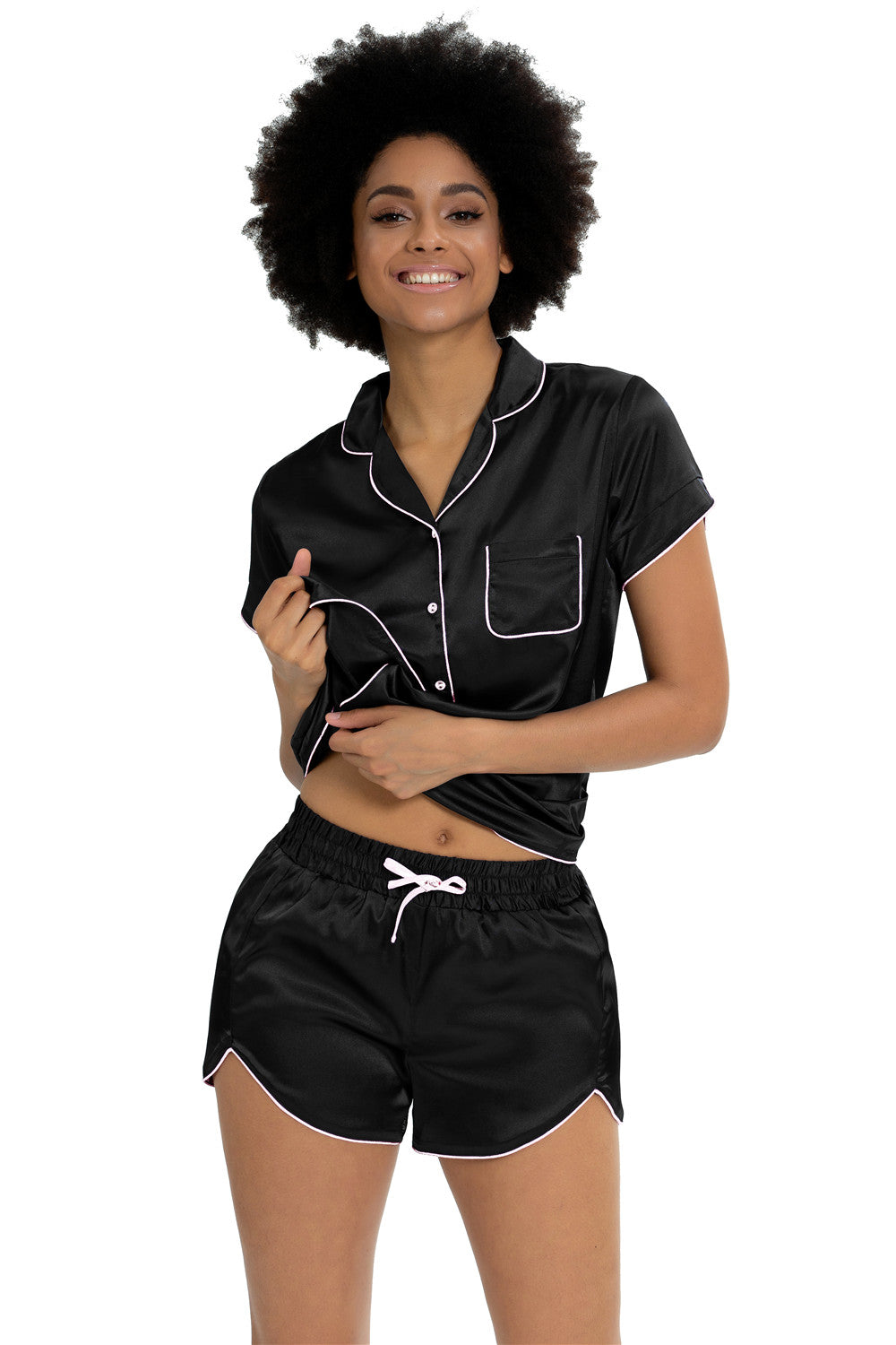 Womens Silky Satin  Short Sleeve Pajamas Set Black