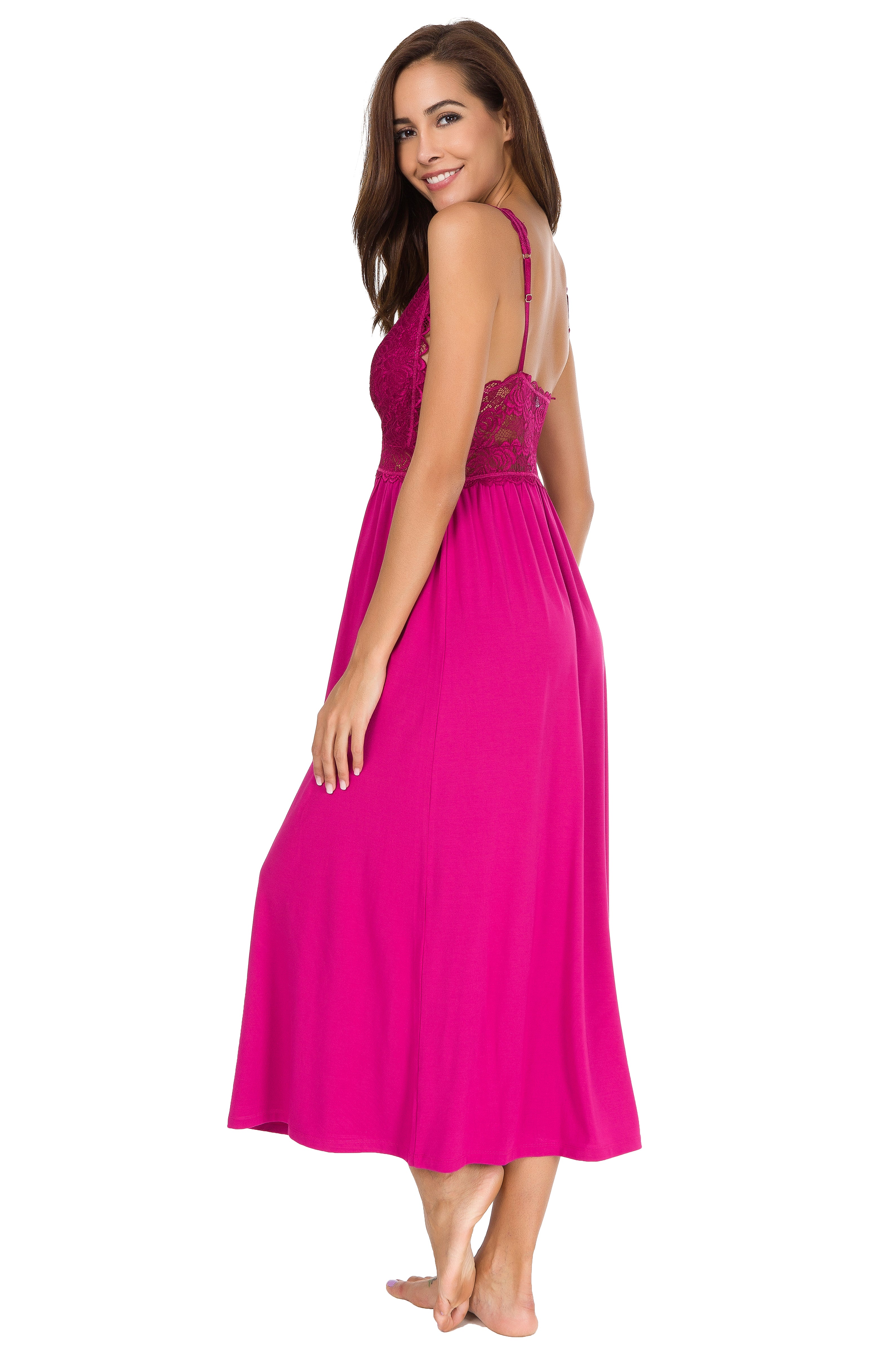 Sexy Lace Jersey Elegant Long Nightgown Chemises Rose