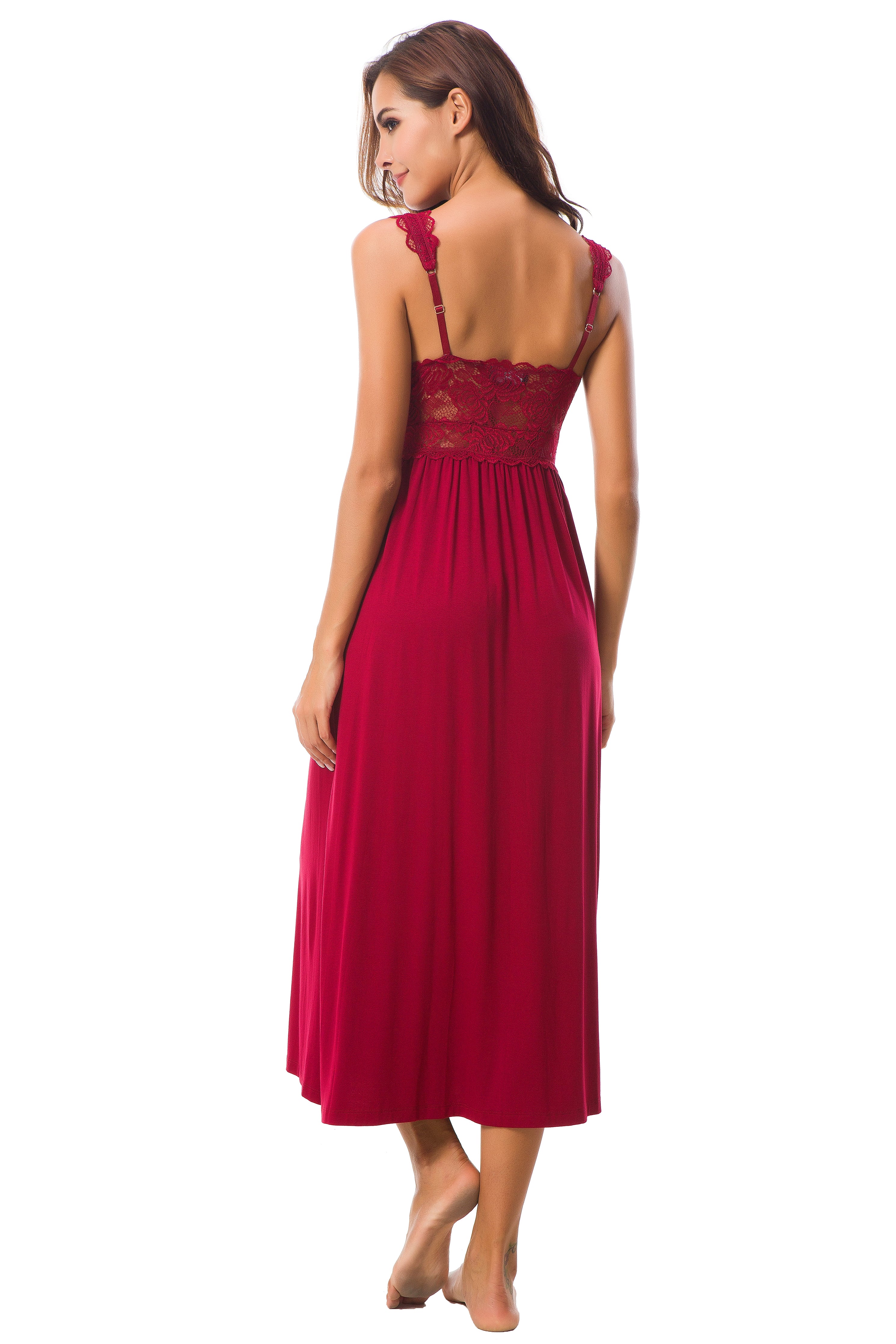 Sexy Lace Jersey Elegant Long Nightgown Chemises Wine