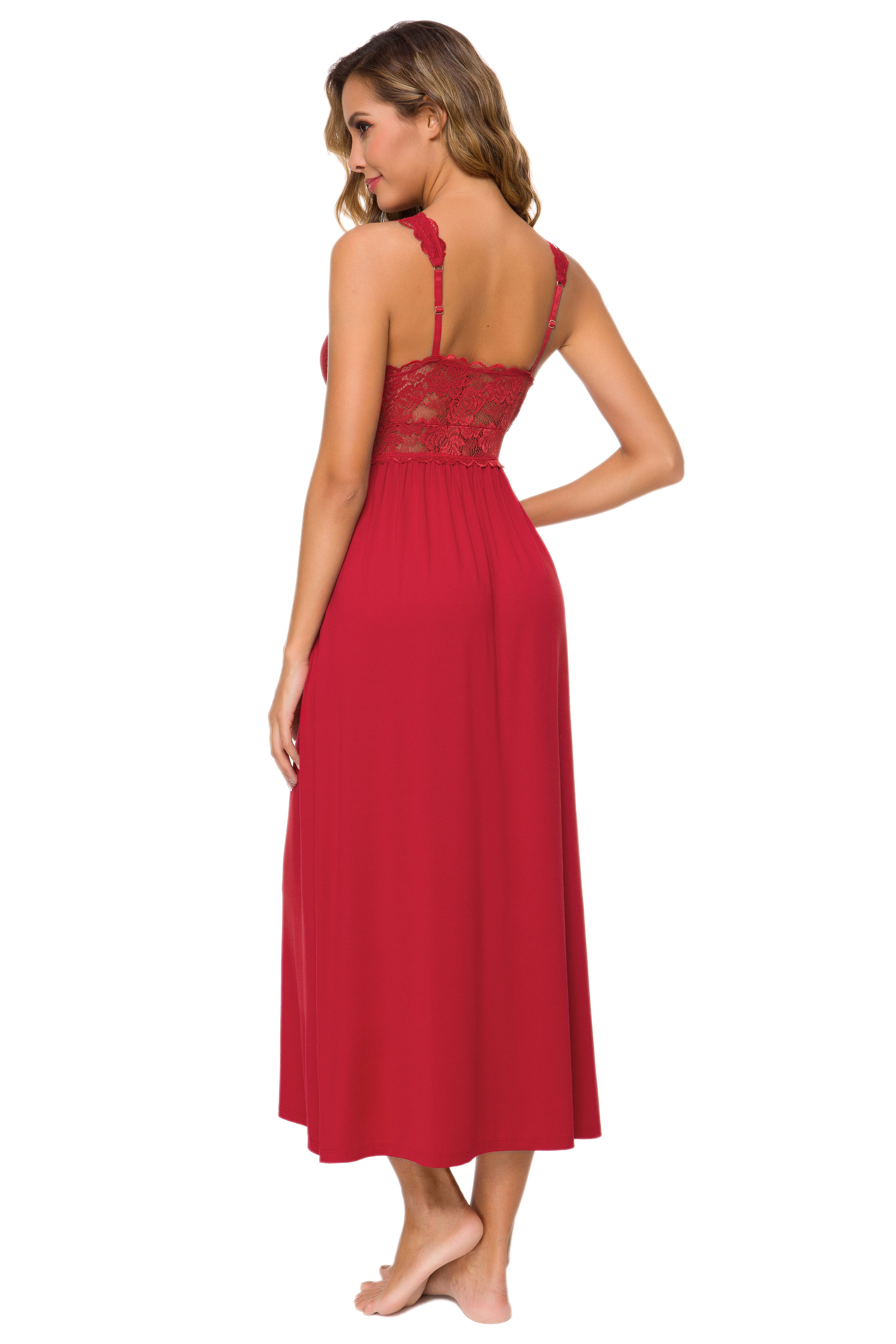 Sexy Lace Jersey Elegant Long Nightgown Chemises Red