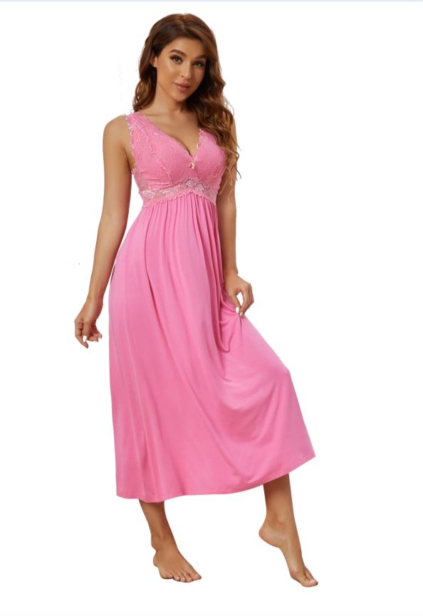 Sexy Lace Jersey Elegant Long Nightgown Chemises Bright Pink