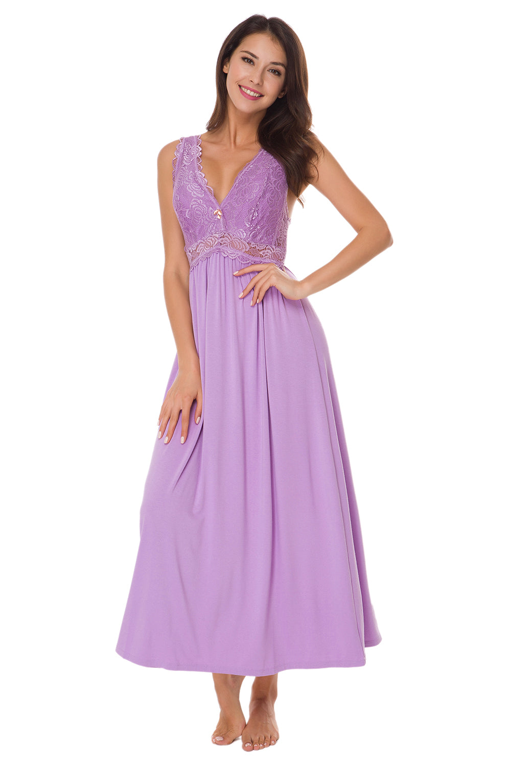 Sexy Lace Jersey  Elegant Long Nightgown Chemises Lavender