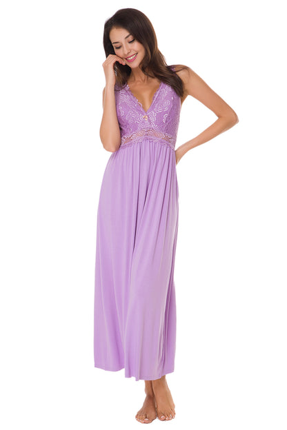 Sexy Lace Jersey  Elegant Long Nightgown Chemises Lavender