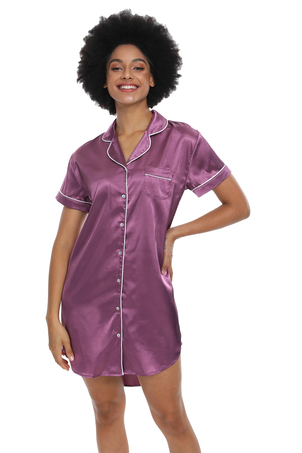 Short Sleeve Satin Boyfriend Collar Sleepwear Purple